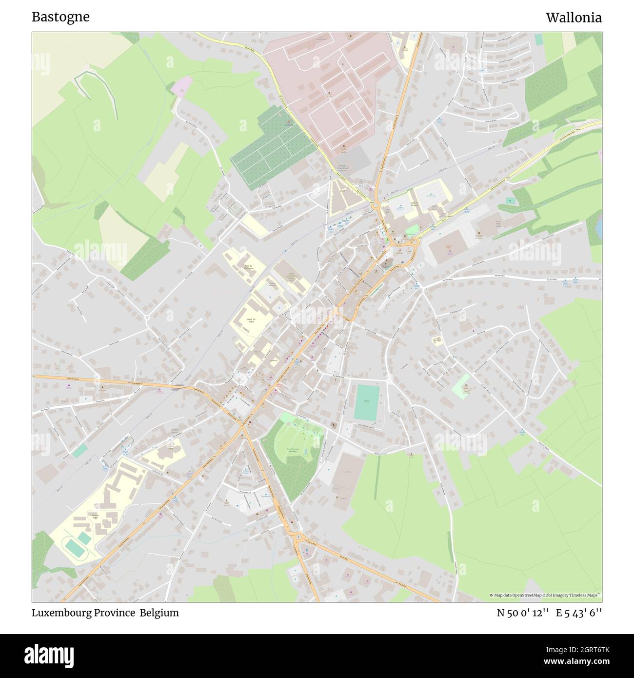 Bastogne, Provincia di Lussemburgo, Belgio, Vallonia, N 50 0' 12'', e 5 43' 6'', mappa, Mappa senza tempo pubblicata nel 2021. Viaggiatori, esploratori e avventurieri come Florence Nightingale, David Livingstone, Ernest Shackleton, Lewis and Clark e Sherlock Holmes si sono affidati alle mappe per pianificare i viaggi verso gli angoli più remoti del mondo, Timeless Maps sta mappando la maggior parte delle località del mondo, mostrando il successo di grandi sogni Foto Stock