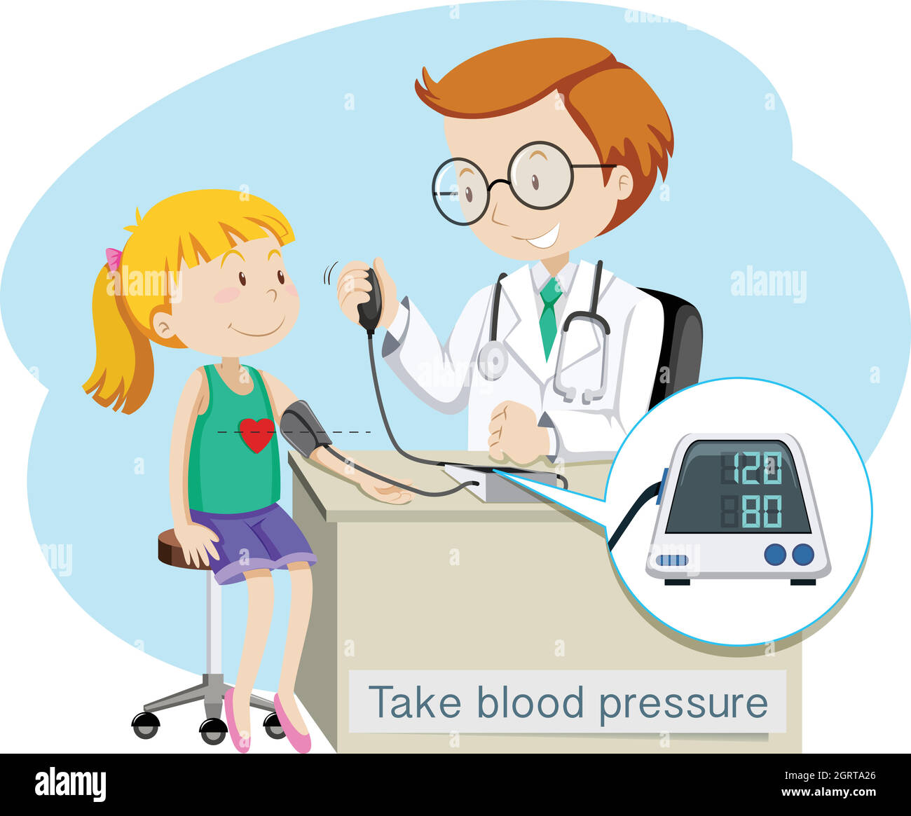 Una ragazza prende pressione sanguigna con il medico Illustrazione Vettoriale