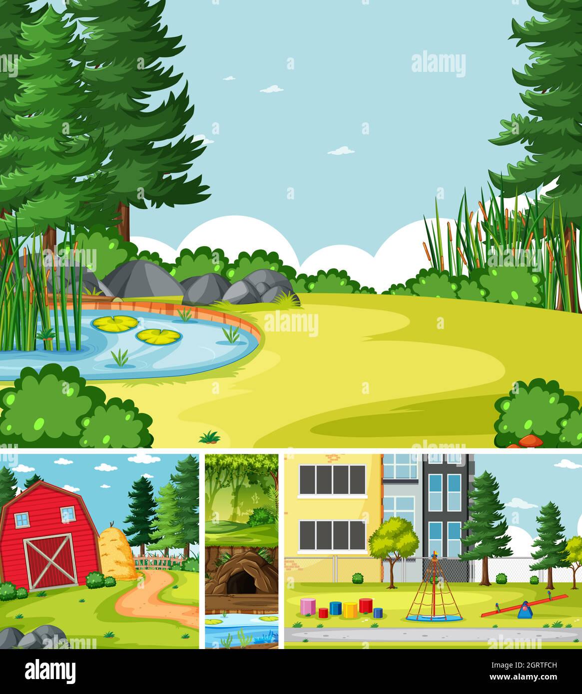 Quattro diverse scene di natura della città e giardino in stile cartoon Illustrazione Vettoriale