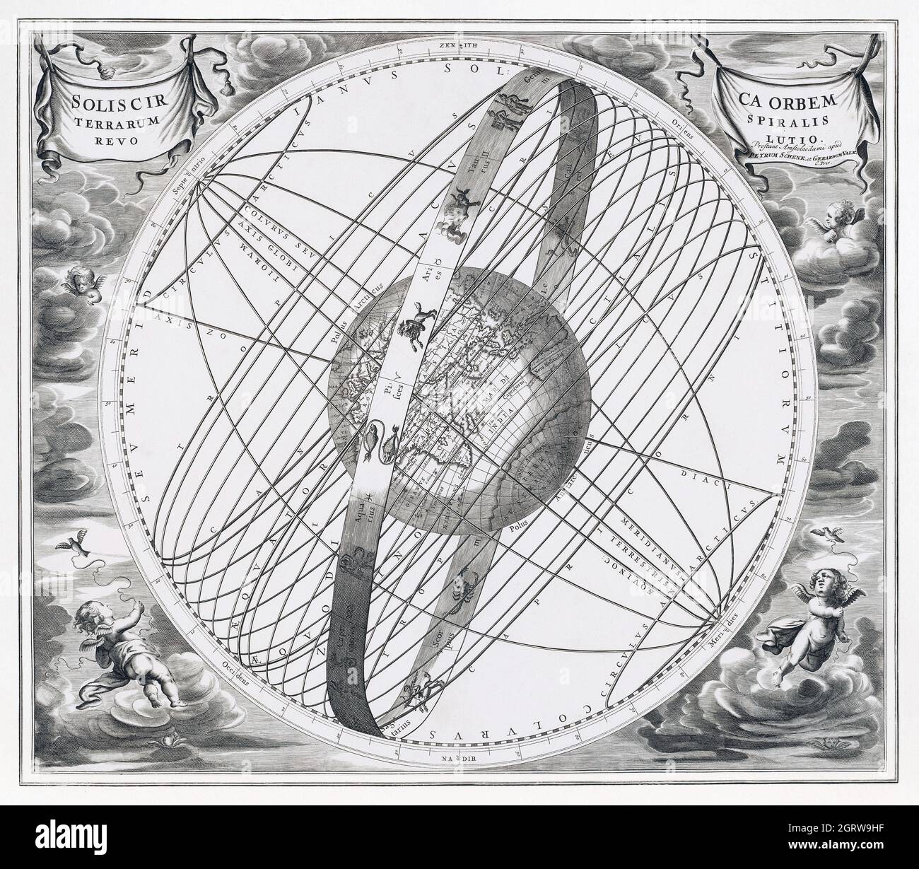 Hemelkaart van de baan van de zon rond de aarde, volgens Tolemaeus (ca. 1660 o 1708) di Pieter Schenk (i). Foto Stock