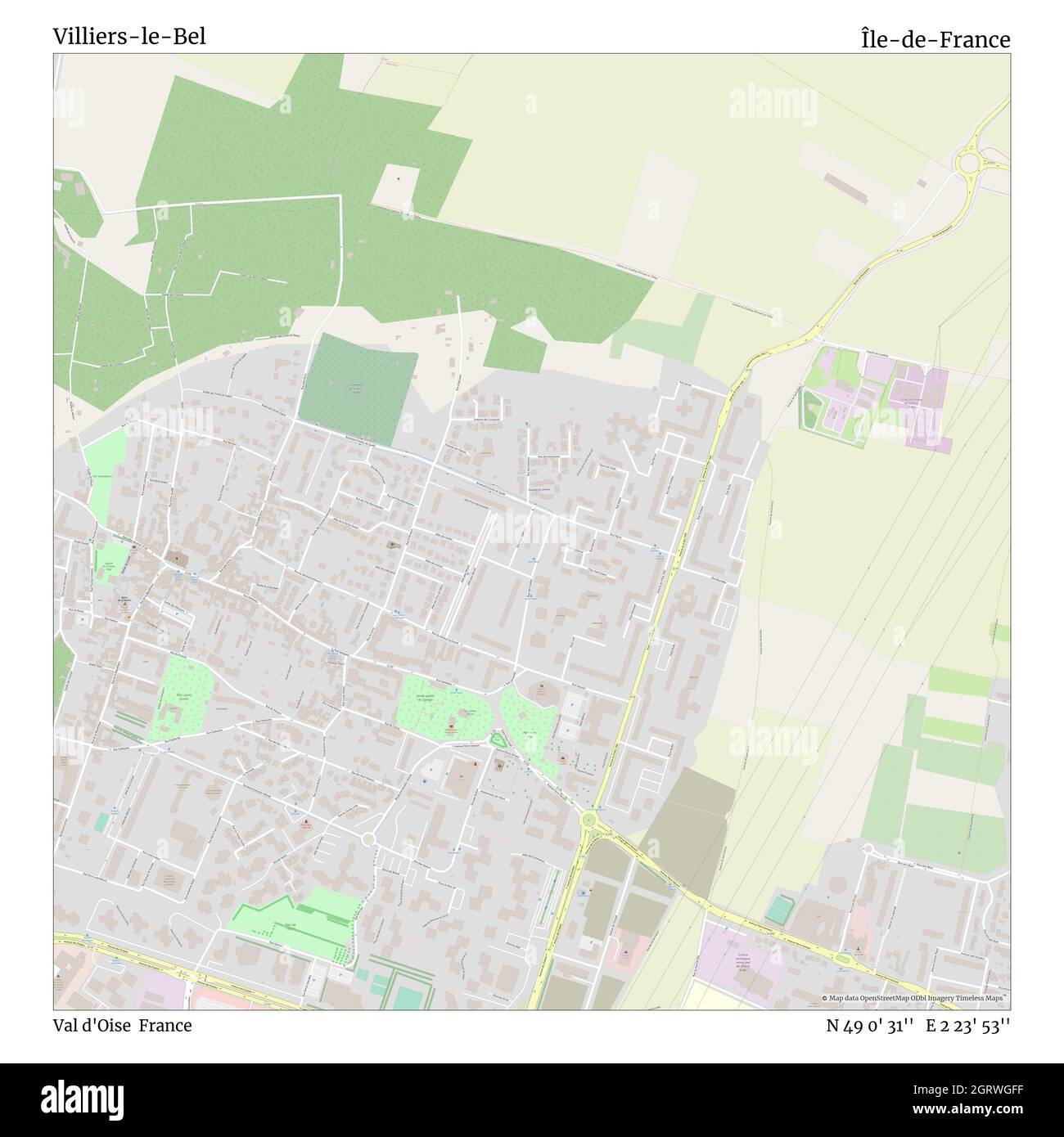 Villiers-le-Bel, Val d'Oise, Francia, Île-de-France, N 49 0' 31''', e 2 23' 53''', mappa, mappa senza tempo pubblicata nel 2021. Viaggiatori, esploratori e avventurieri come Florence Nightingale, David Livingstone, Ernest Shackleton, Lewis and Clark e Sherlock Holmes si sono affidati alle mappe per pianificare i viaggi verso gli angoli più remoti del mondo, Timeless Maps sta mappando la maggior parte delle località del mondo, mostrando il successo di grandi sogni Foto Stock