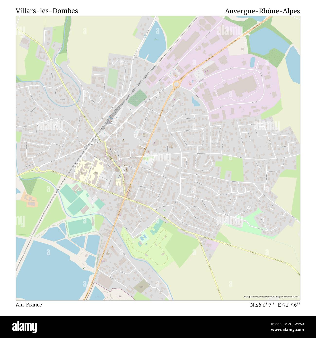 Villars-les-Dombes, Ain, Francia, Auvergne-Rhône-Alpes, N 46 0' 7''', e 5 1' 56''', mappa, Mappa senza tempo pubblicata nel 2021. Viaggiatori, esploratori e avventurieri come Florence Nightingale, David Livingstone, Ernest Shackleton, Lewis and Clark e Sherlock Holmes si sono affidati alle mappe per pianificare i viaggi verso gli angoli più remoti del mondo, Timeless Maps sta mappando la maggior parte delle località del mondo, mostrando il successo di grandi sogni Foto Stock