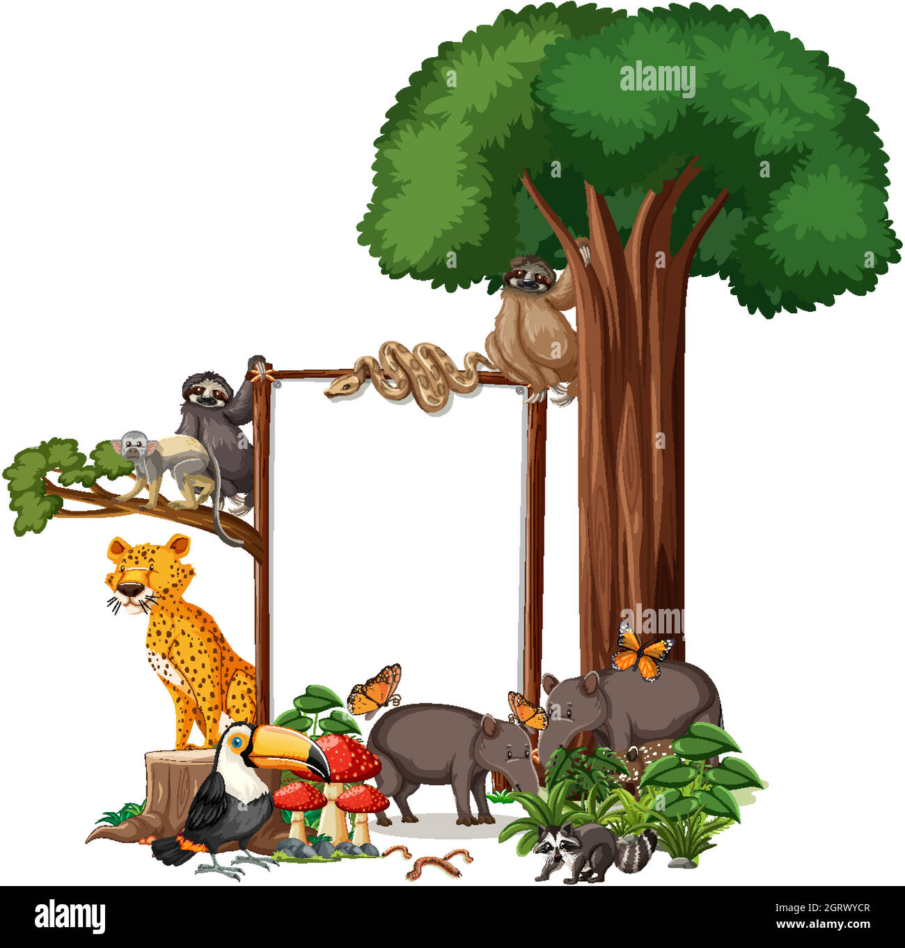 Striscione vuoto con animali selvatici e alberi della foresta pluviale su sfondo bianco Illustrazione Vettoriale
