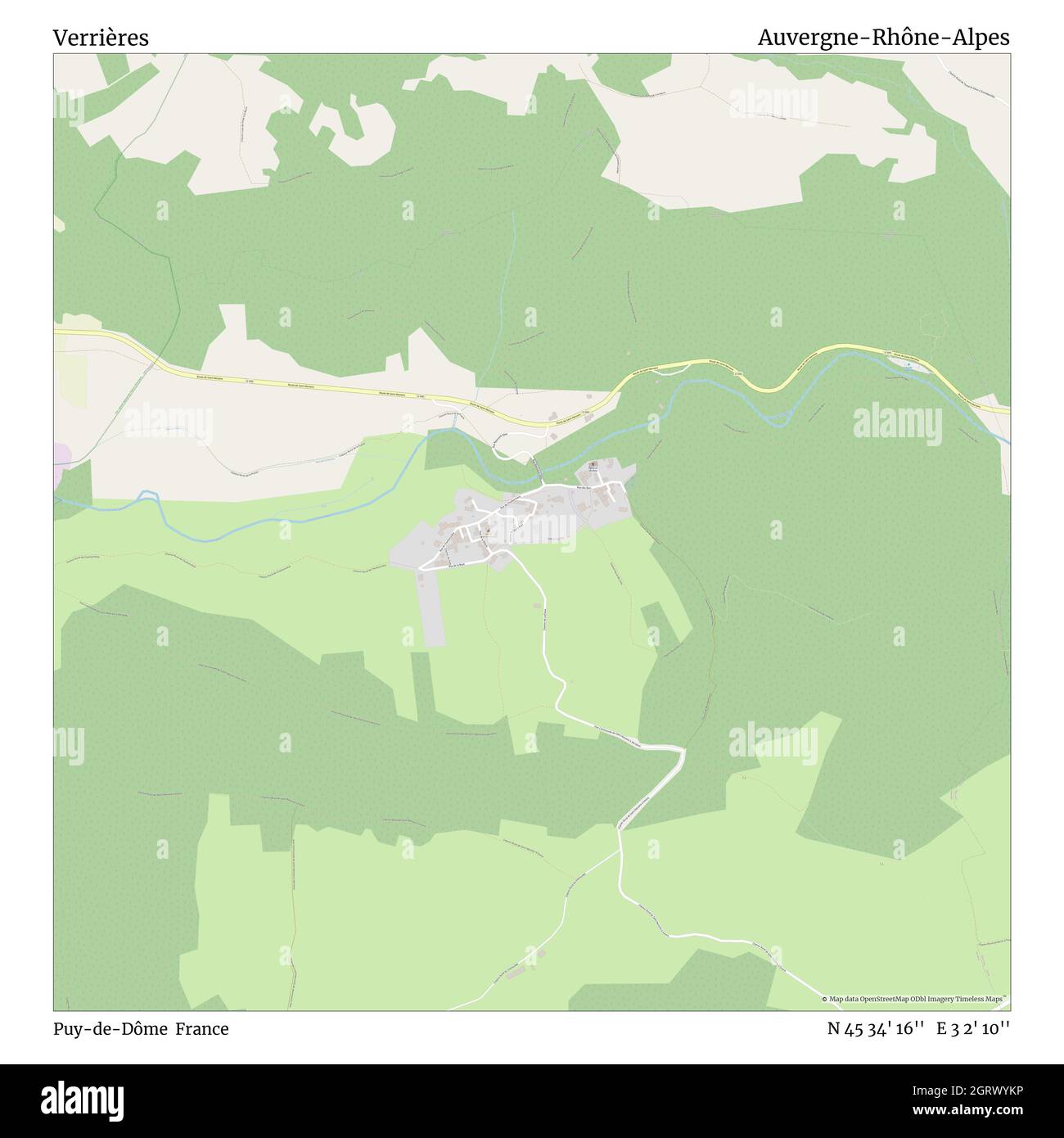 Verrières, Puy-de-Dôme, Francia, Auvergne-Rhône-Alpes, N 45 34' 16''', e 3 2' 10''', mappa, Mappa senza tempo pubblicata nel 2021. Viaggiatori, esploratori e avventurieri come Florence Nightingale, David Livingstone, Ernest Shackleton, Lewis and Clark e Sherlock Holmes si sono affidati alle mappe per pianificare i viaggi verso gli angoli più remoti del mondo, Timeless Maps sta mappando la maggior parte delle località del mondo, mostrando il successo di grandi sogni Foto Stock