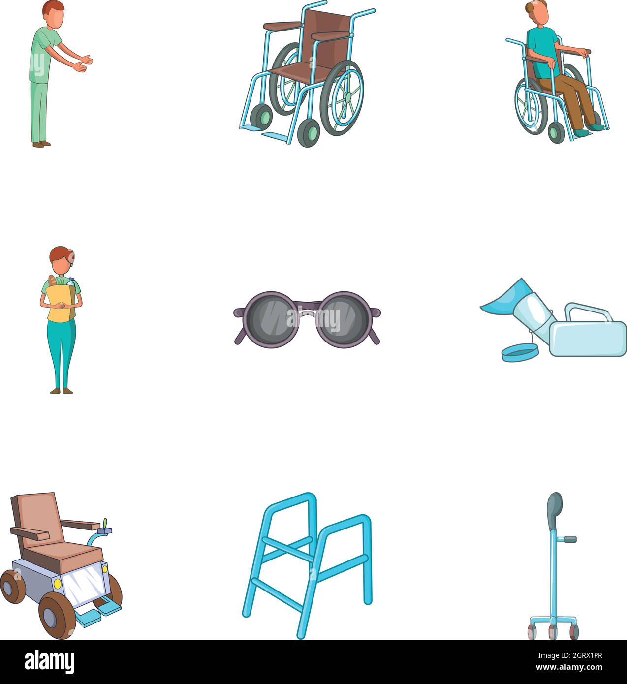 Icone di cura e accessibilità impostate, stile cartoon Illustrazione Vettoriale