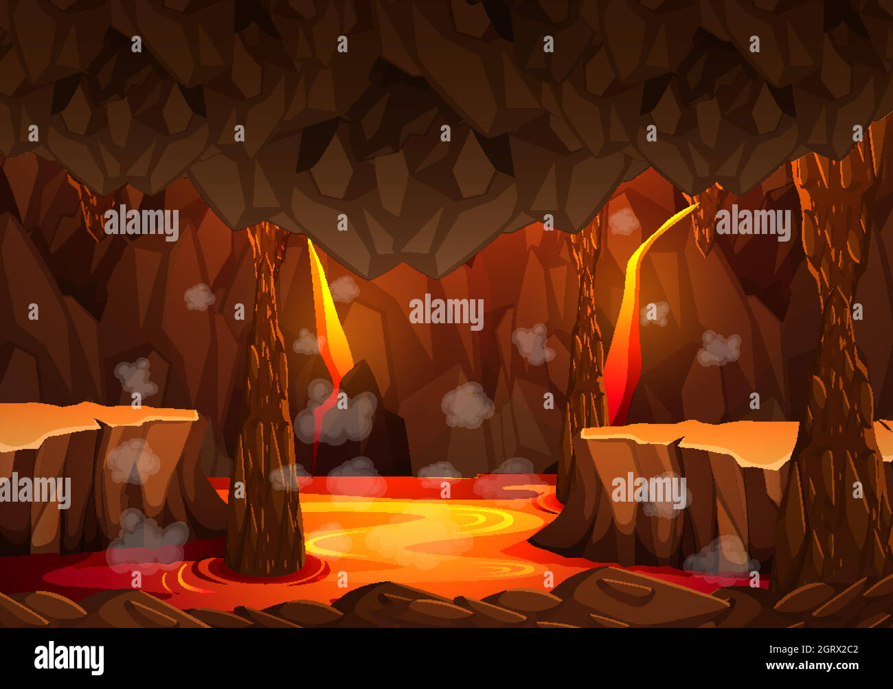 Caverna oscura infernale con scena lavica Illustrazione Vettoriale