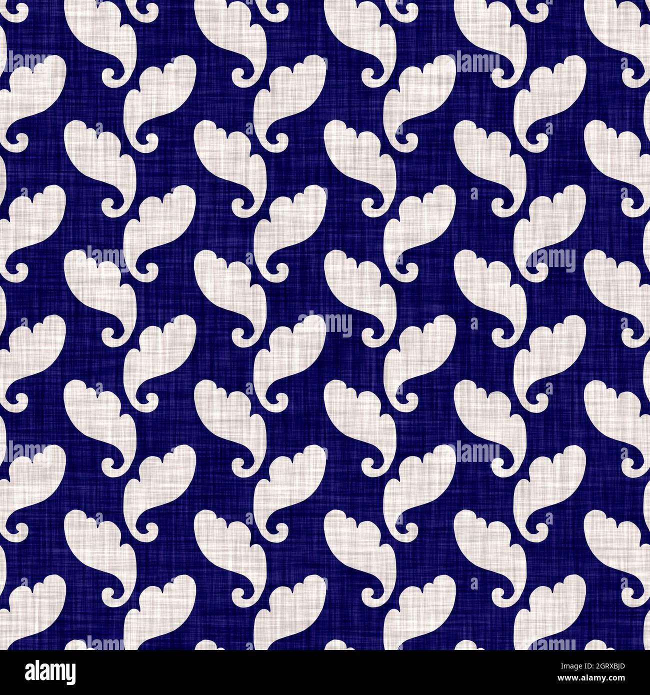 Indigo blu fogliame blocco stampa tinto lino texture sfondo. Ripetizione batik tessuto giapponese senza cuciture. Sfocatura floreale organica stressata Foto Stock