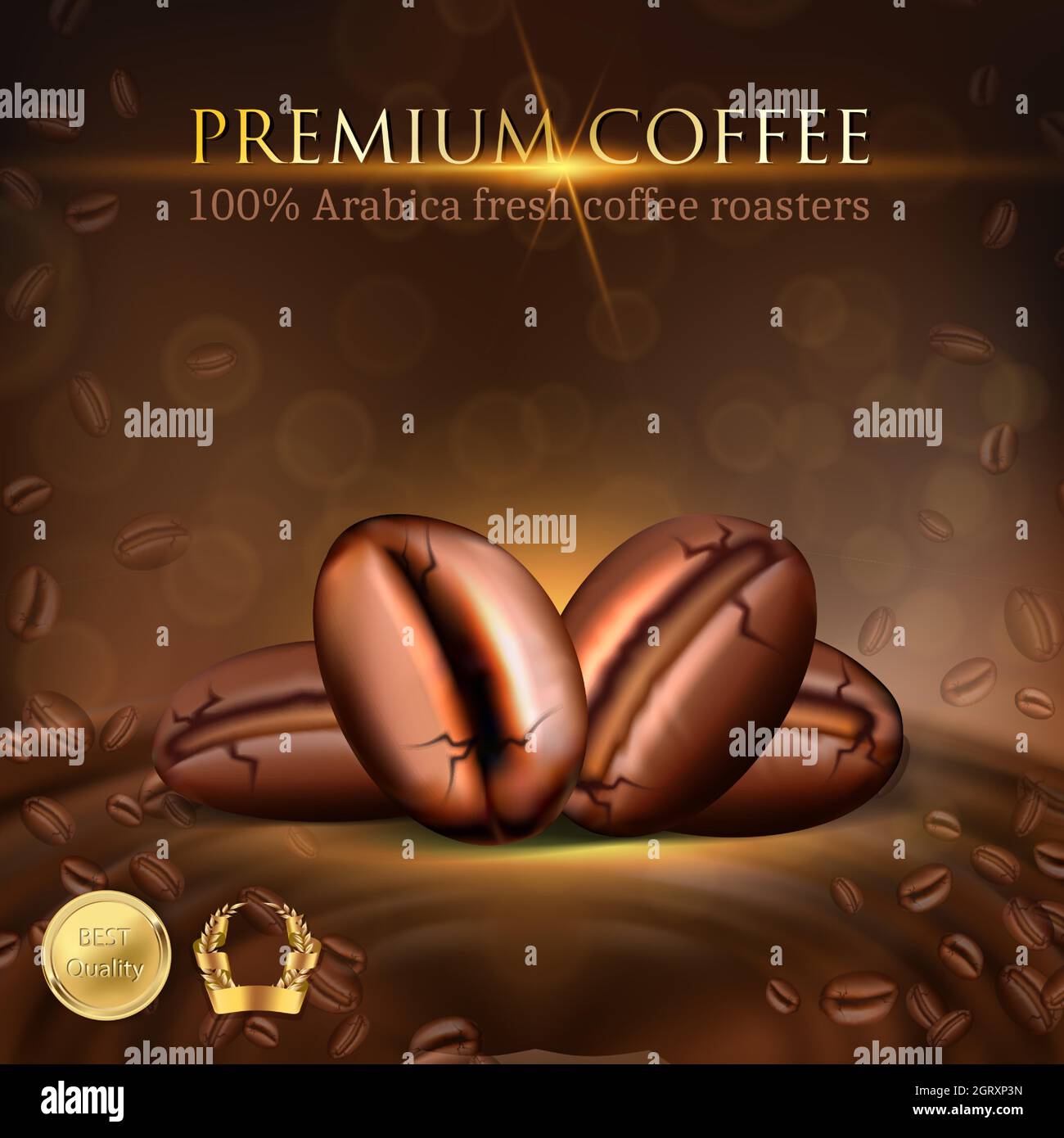 illustrazione vettoriale realistica 3d. Caffetteria. Banner. Modello di menu. Chicchi di caffè. Illustrazione Vettoriale