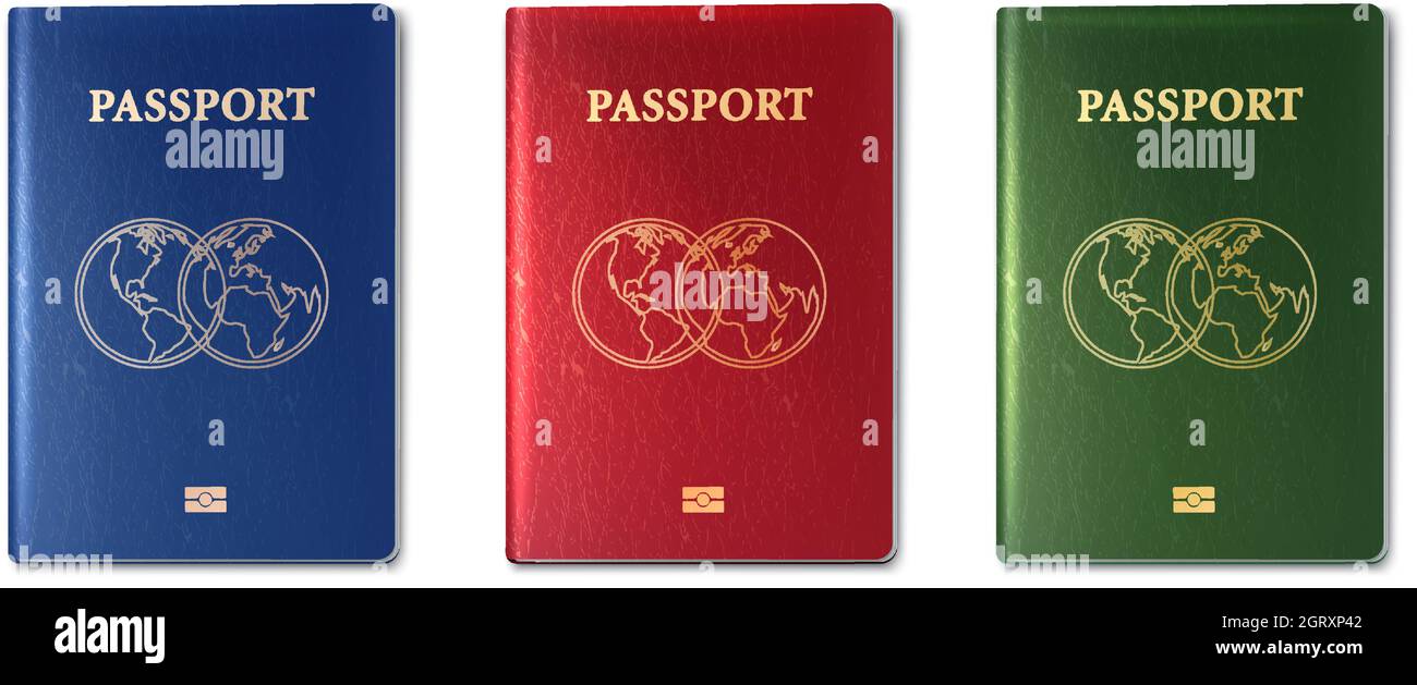 raccolta vettoriale 3d realistica di passaporti, verde, rosso e blu. Illustrazione Vettoriale