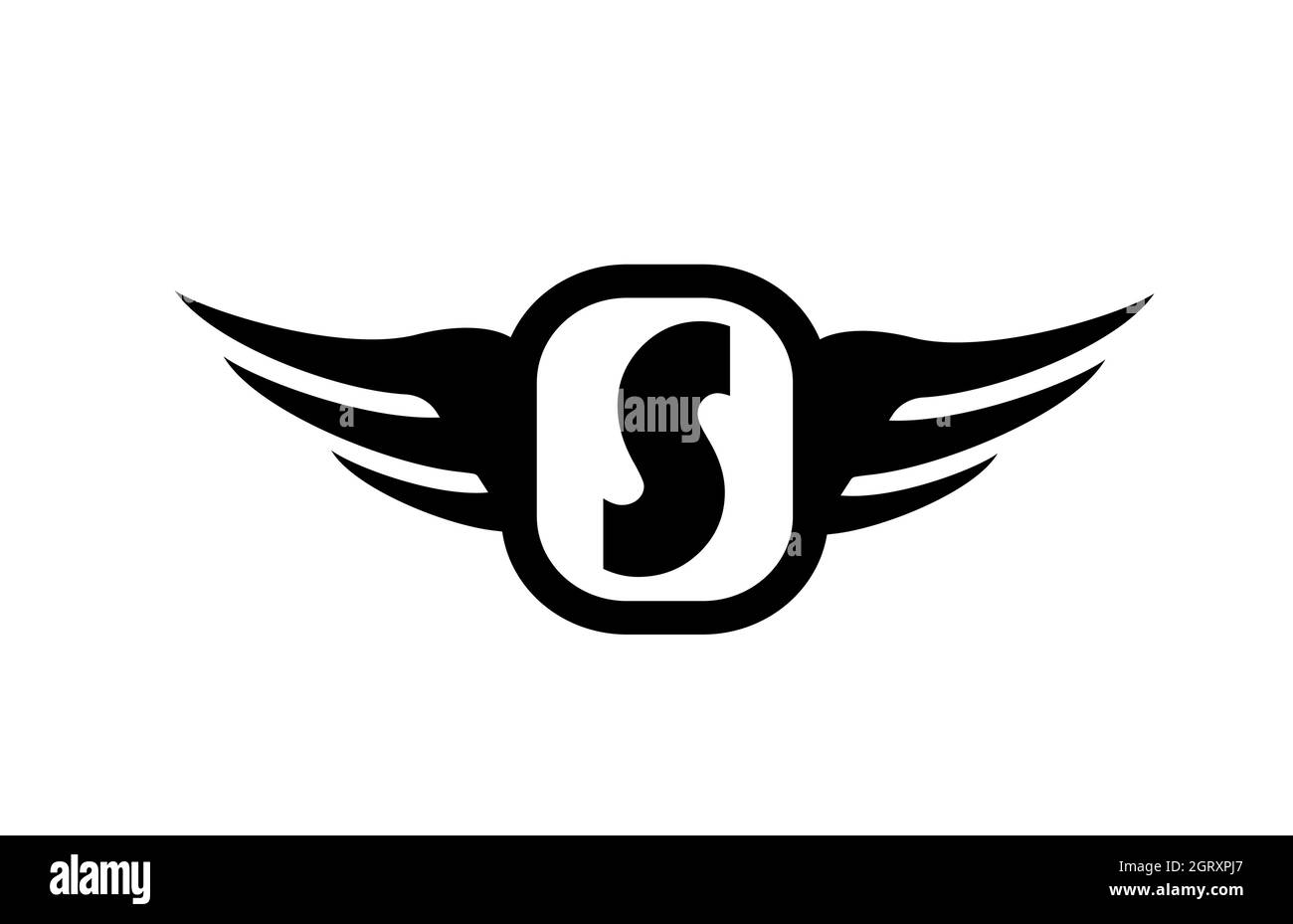 S logo lettera alfabetica per aziende e aziende con ali e colore bianco e nero. Icona di brading e scritta aziendale dal design semplice Illustrazione Vettoriale