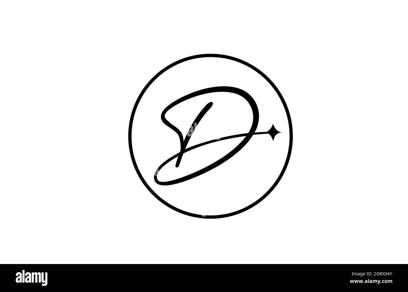 Logo lettera D alfabeto per aziende con stella e cerchio. Lettere semplici ed eleganti per l'azienda. Logo di identità aziendale icona di branding in bianco e nero Illustrazione Vettoriale