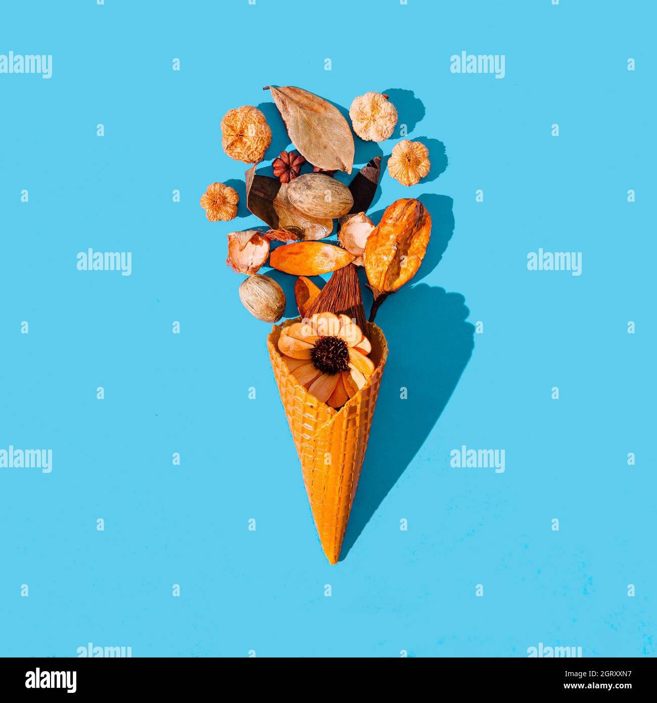 Un cono gelato dorato con piante di potpourri autunnali e fogliame su sfondo blu pastello. Splendido concetto creativo autunnale. Foto Stock