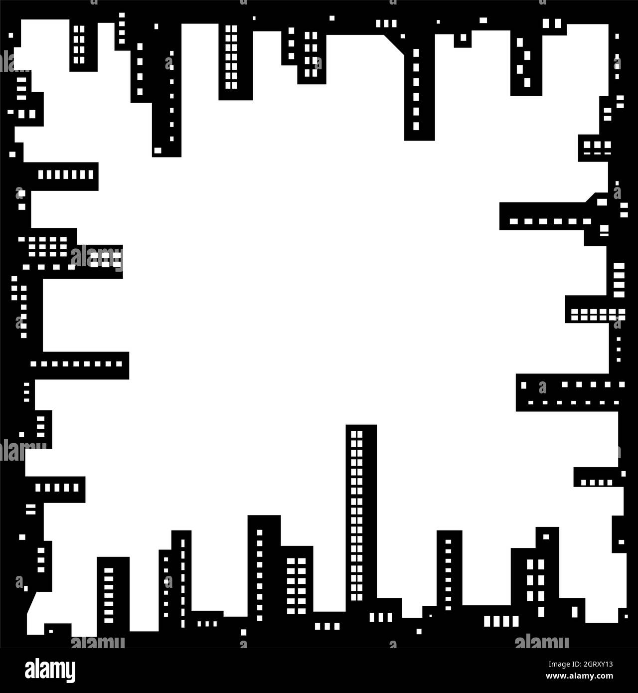 Skyline città quadrato cornice bordi sagoma contorno nero, illustrazione vettoriale, orizzontale, su bianco Illustrazione Vettoriale