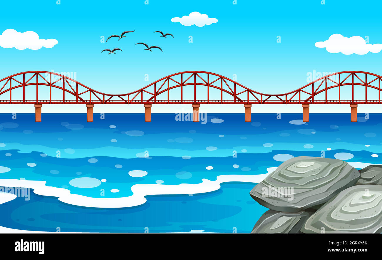 Vista sull'oceano con il ponte Illustrazione Vettoriale