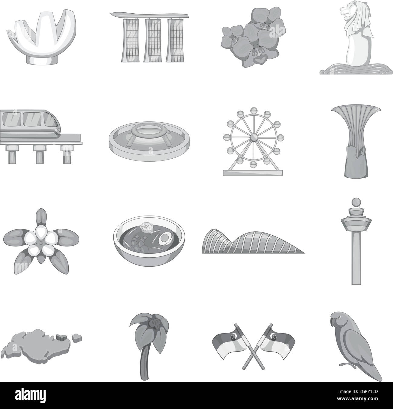 Set icone viaggio Singapore, stile monocromatico Illustrazione Vettoriale