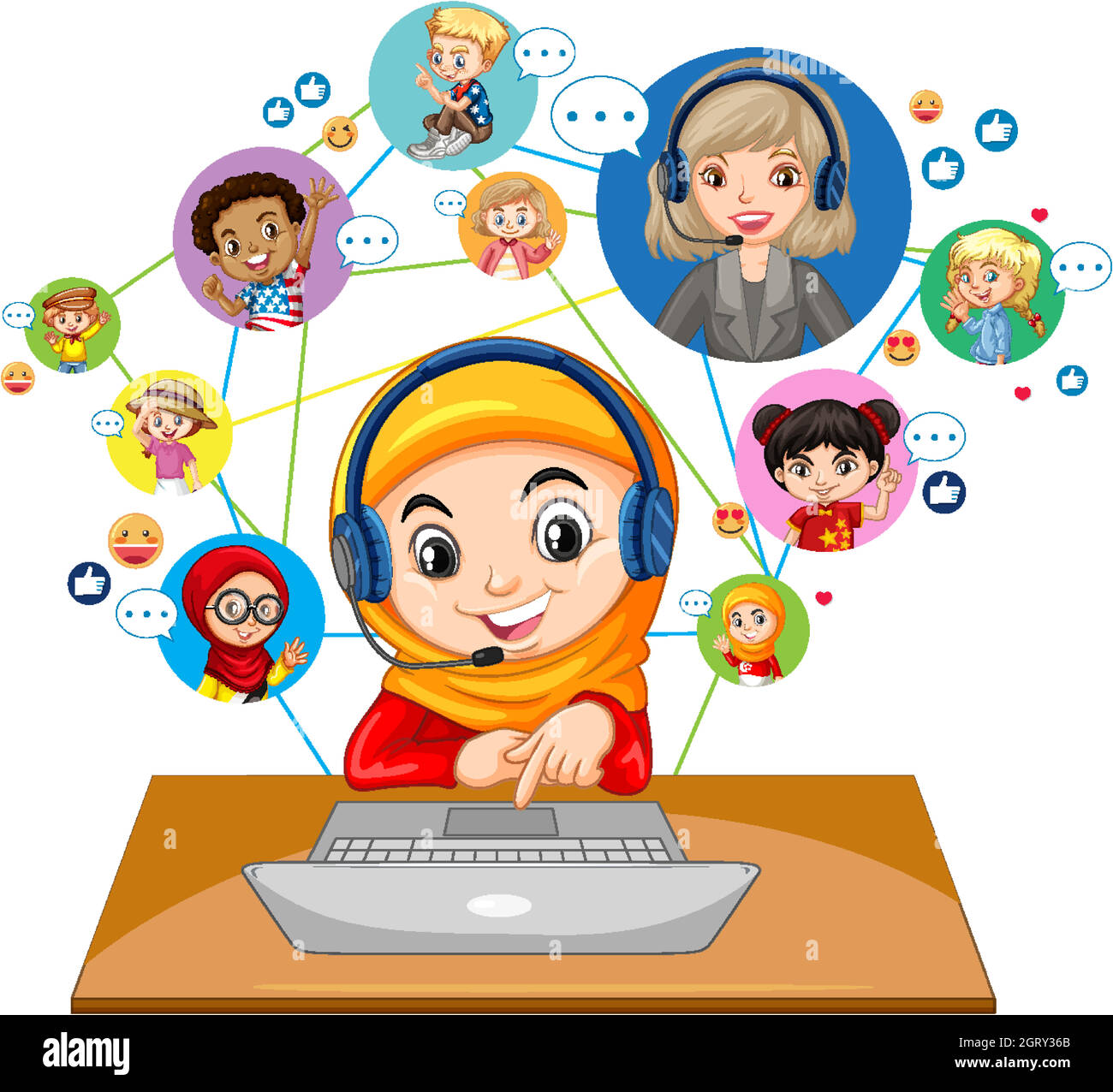 Vista frontale di una ragazza musulmana che usa un computer portatile per comunicare video conferenza con insegnante e amici su sfondo bianco Illustrazione Vettoriale