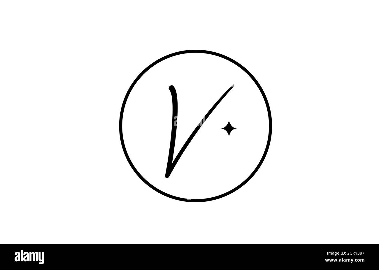 Logo lettera dell'alfabeto V per aziende con stella e cerchio. Lettere semplici ed eleganti per l'azienda. Logo di identità aziendale icona di branding in bianco e nero Illustrazione Vettoriale