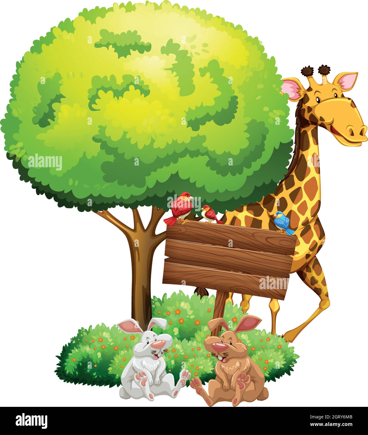 Cartello in legno con giraffa e conigli Illustrazione Vettoriale