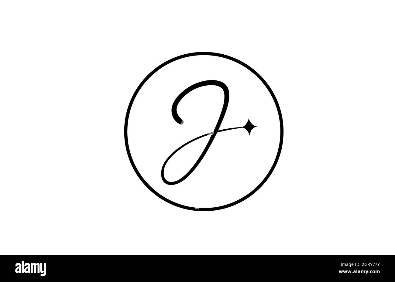Logo lettera J per aziende con stella e cerchio. Lettere semplici ed eleganti per l'azienda. Logo di identità aziendale icona di branding in bianco e nero Illustrazione Vettoriale