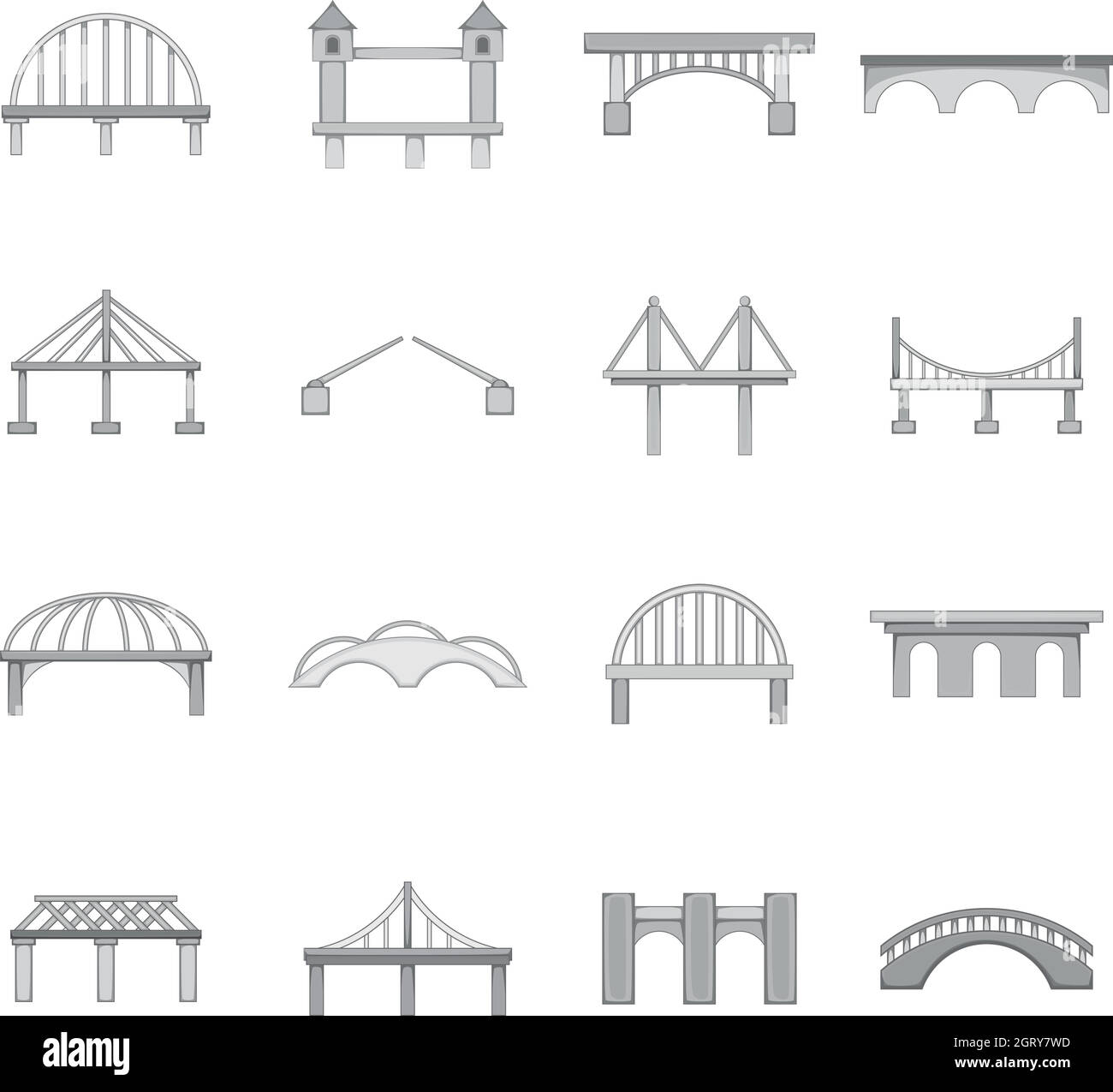 Icone costruzione ponte impostate, stile monocromatico Illustrazione Vettoriale