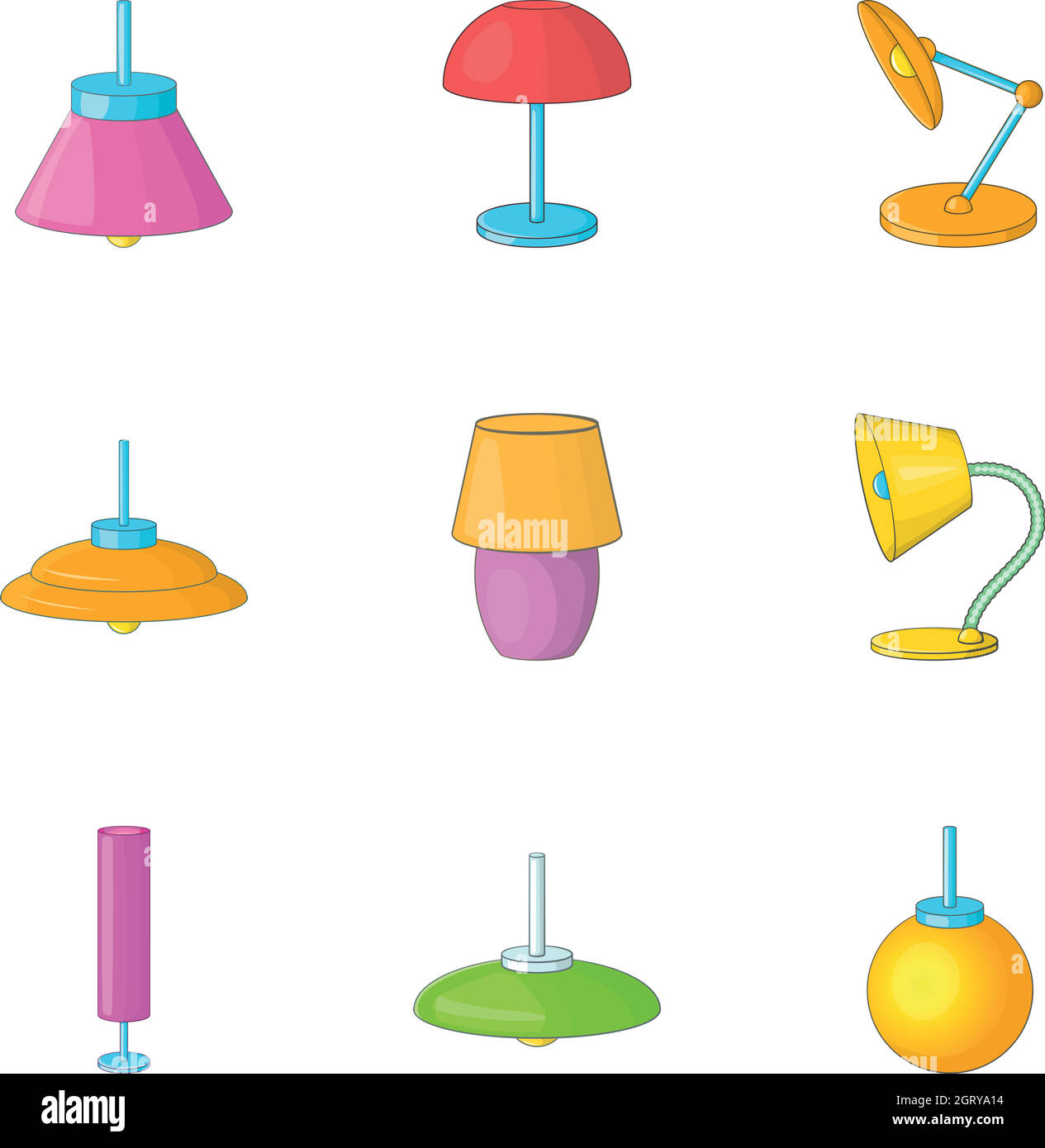 Home decorazione luci icone set, stile cartoon Illustrazione Vettoriale