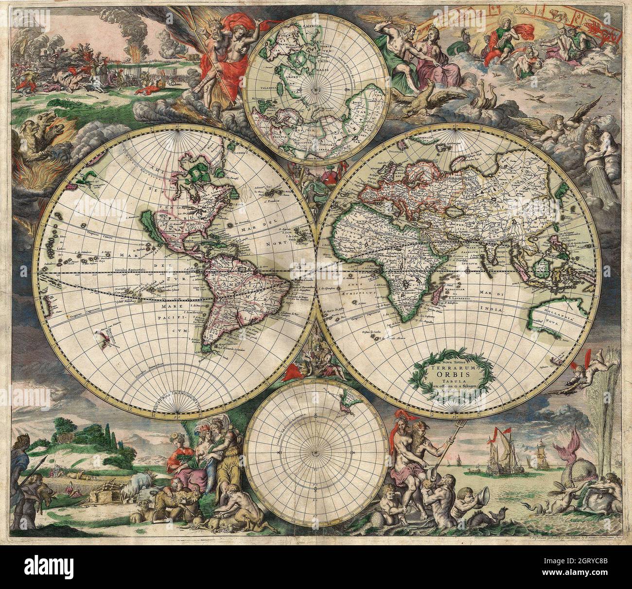 Vintage World Map 1689 - Mappa di due emisferi del mondo. Prodotto ad Amsterdam. Prodotto con incisione in rame. Foto Stock