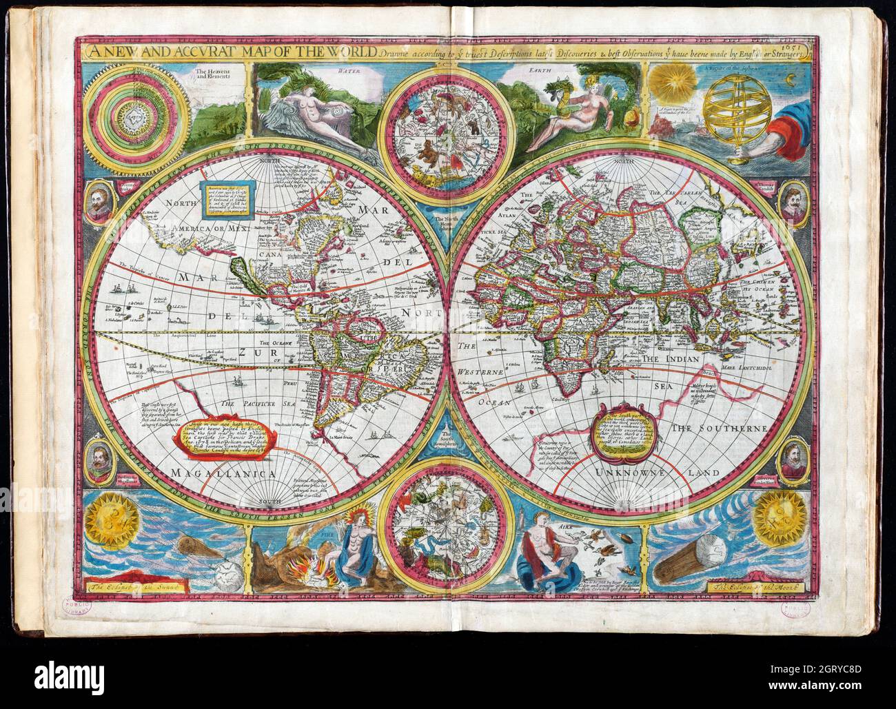 Vintage World Map Mappa di due emisferi del mondo. “Una mappa del mondo nuova e precisa” 1662