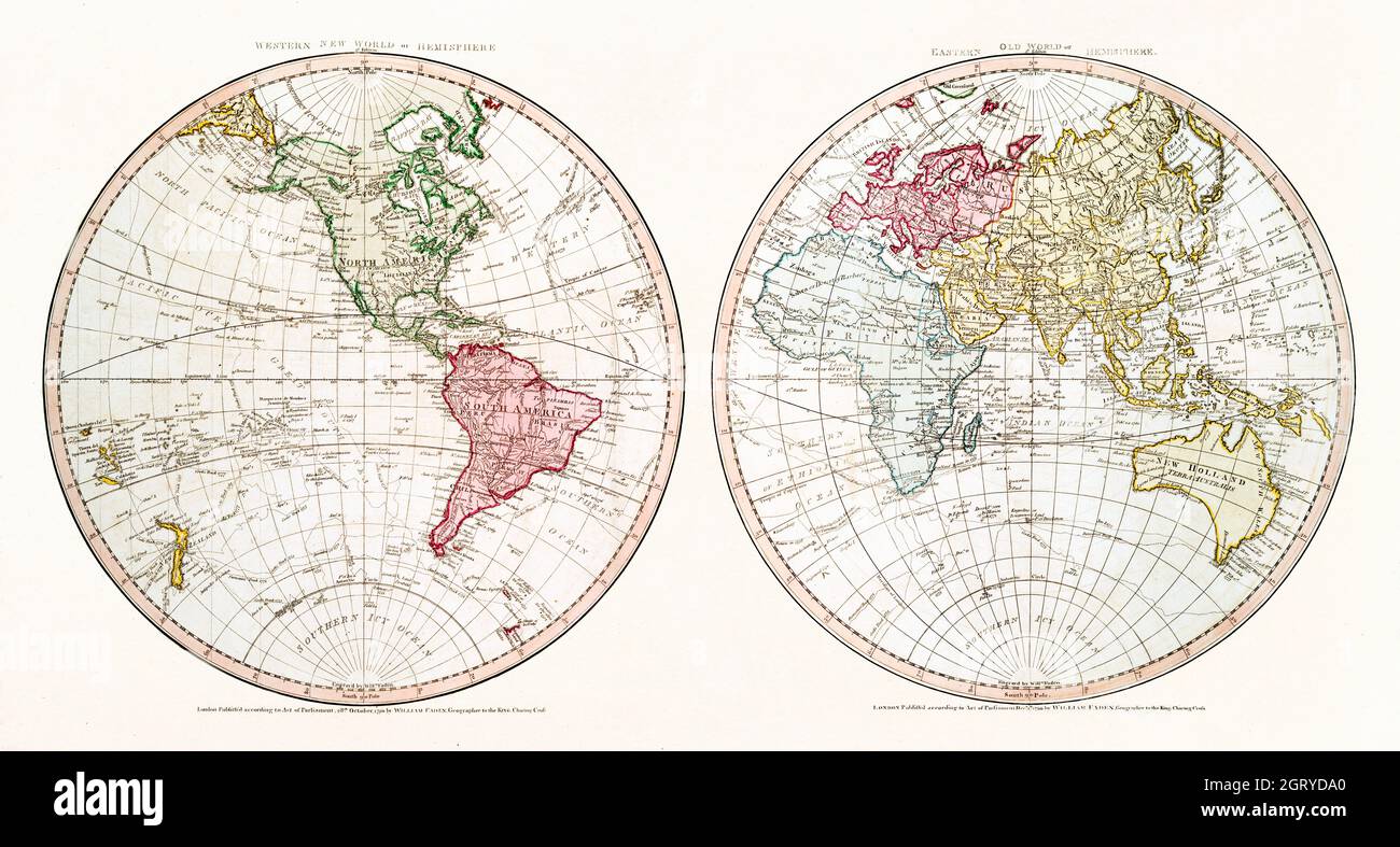 New World, OR, Emisfero Occidentale; Vecchio mondo, o Emisfero Orientale (1790) di William Faden. Mappa del mondo. Foto Stock
