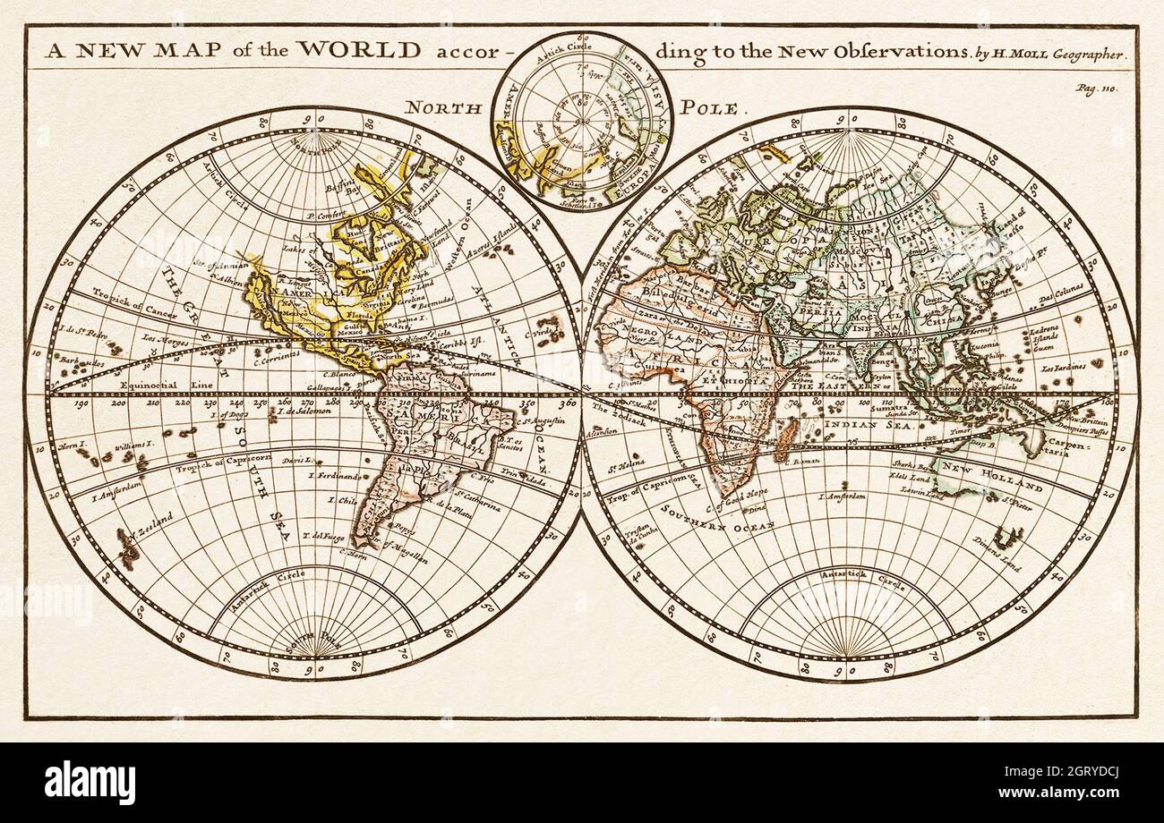 Una nuova mappa del mondo secondo le nuove osservazioni (1732) di Herman Moll. Mappa del mondo. Foto Stock