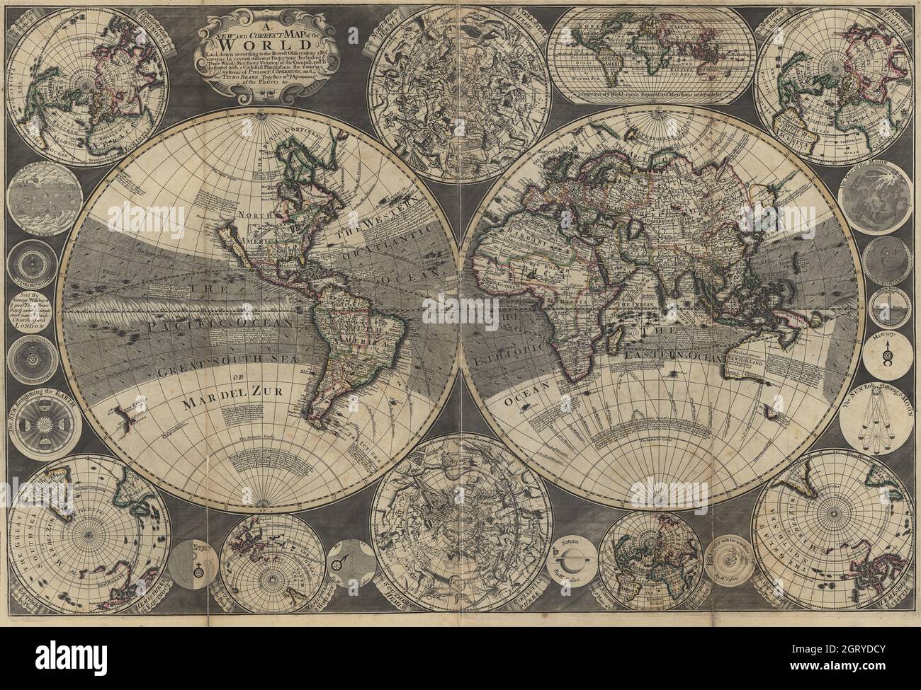 Vintage World Map - Mappa di due emisferi, illustrata con un planisfero coelestiale, i vari sistemi di Tolomia, Copernico e Tycho Brahe. 1702. Foto Stock