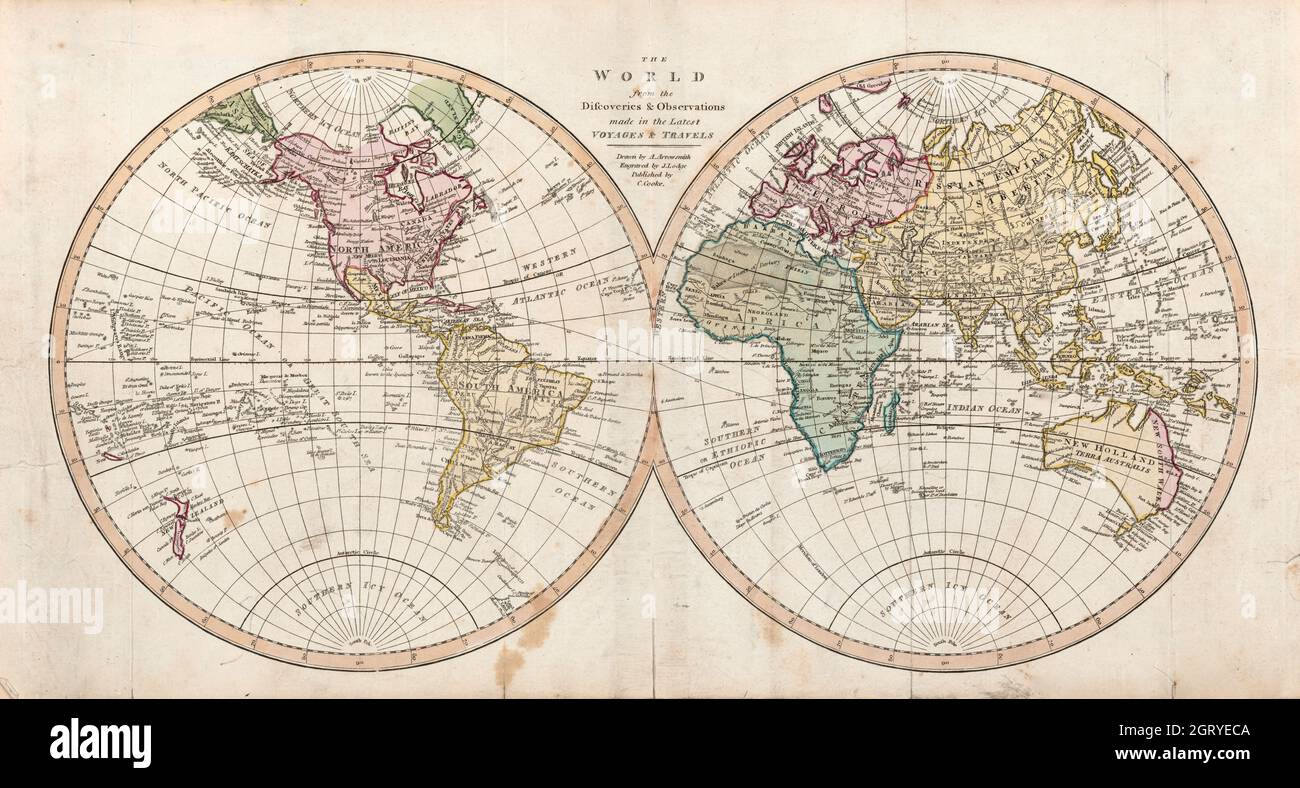 Vintage World Map - Mappa di due emisferi del mondo. Il mondo dalle scoperte & osservazioni fatte negli ultimi viaggi & viaggi. 1807. Foto Stock