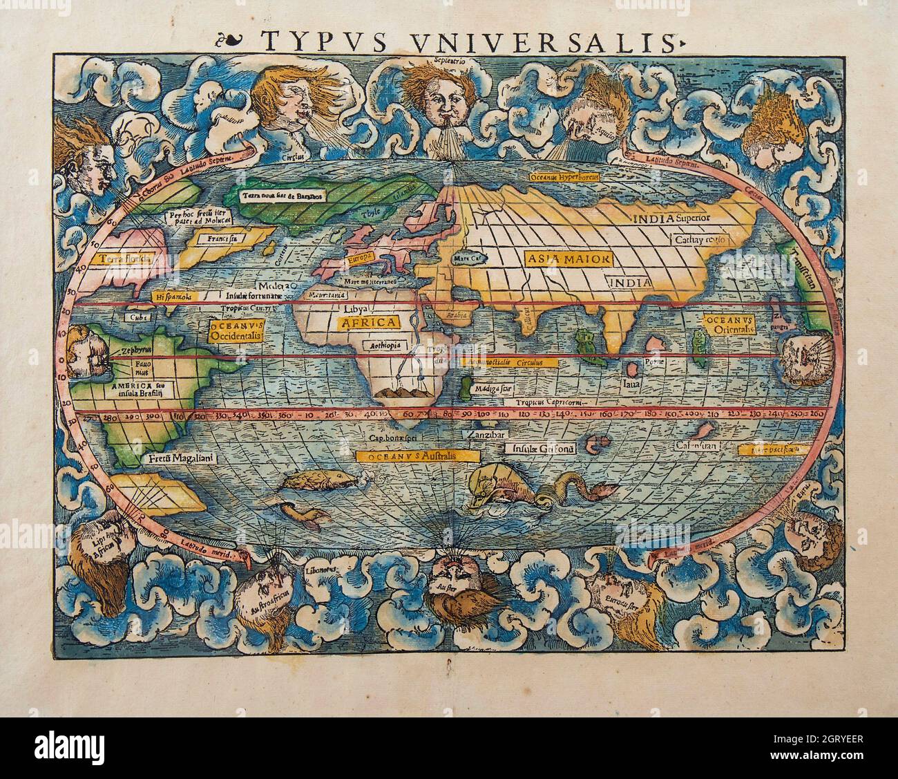 Vintage World Map - una mappa universale del mondo dalla Cosmografia del 1540 di Sebastian Münster Foto Stock