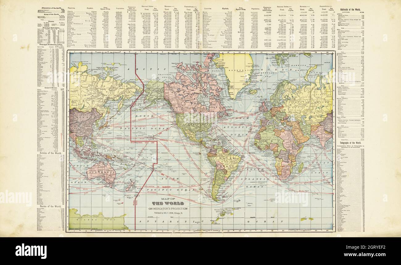 Vintage World Map Chicago Geografia A. Ogle & Co., 1908. Include