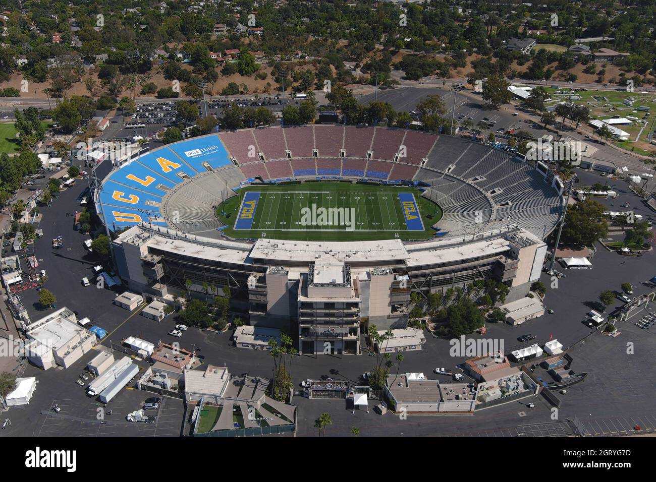 Una vista aerea dello stadio Rose Bowl, venerdì 1 ottobre 2021, a Pasadena, Calif. = Foto Stock Una vista aerea dello stadio Rose Bowl, venerdì 1 ottobre 2021, a Pasadena, Calif. = Foto Stock