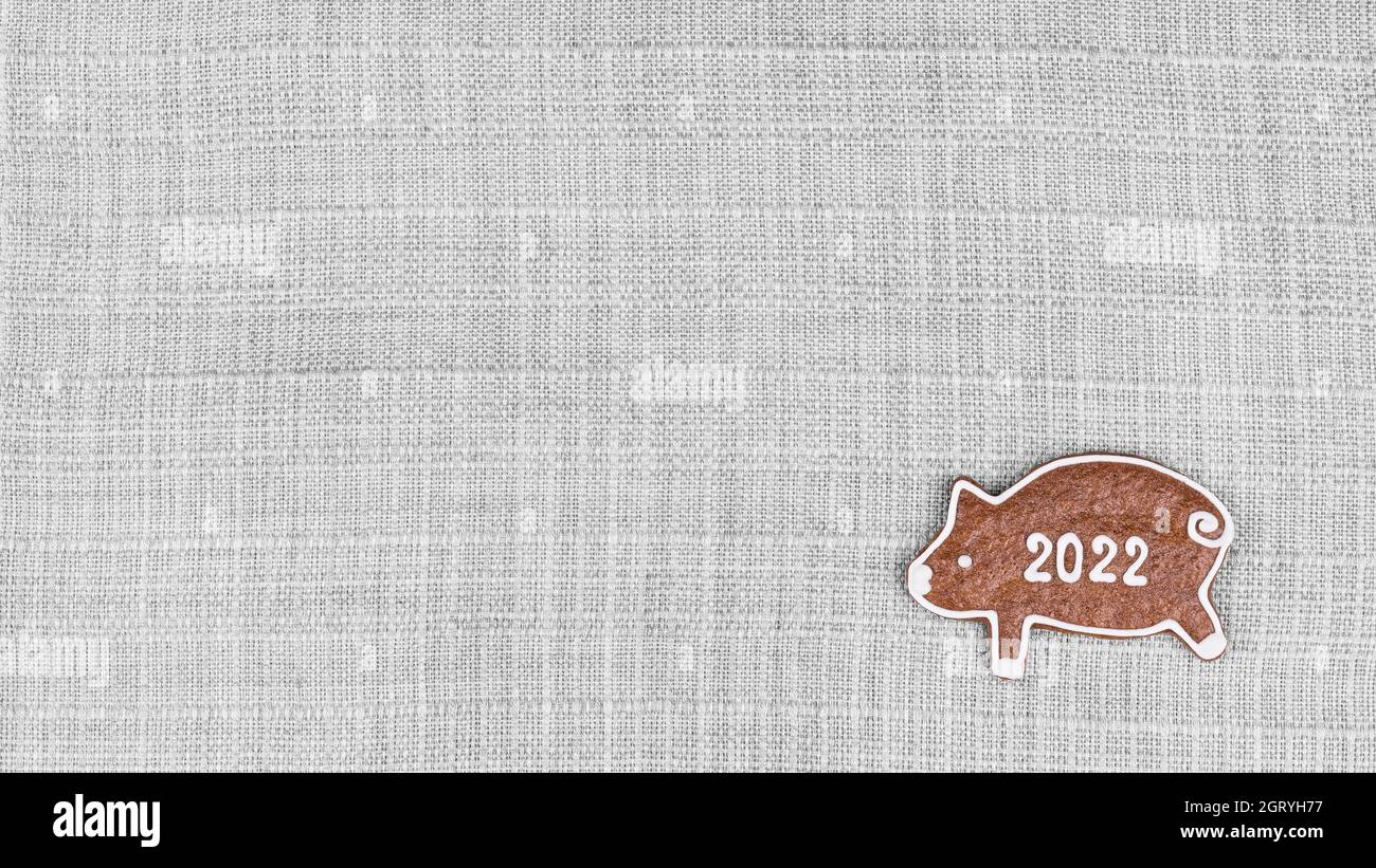 Carino Piggy di pan di zenzero di Capodanno per la felicità nel 2022 su sfondo decorativo tessuto. Bel biscotto a forma di maiale su tessuto beige con trama a griglia. Foto Stock