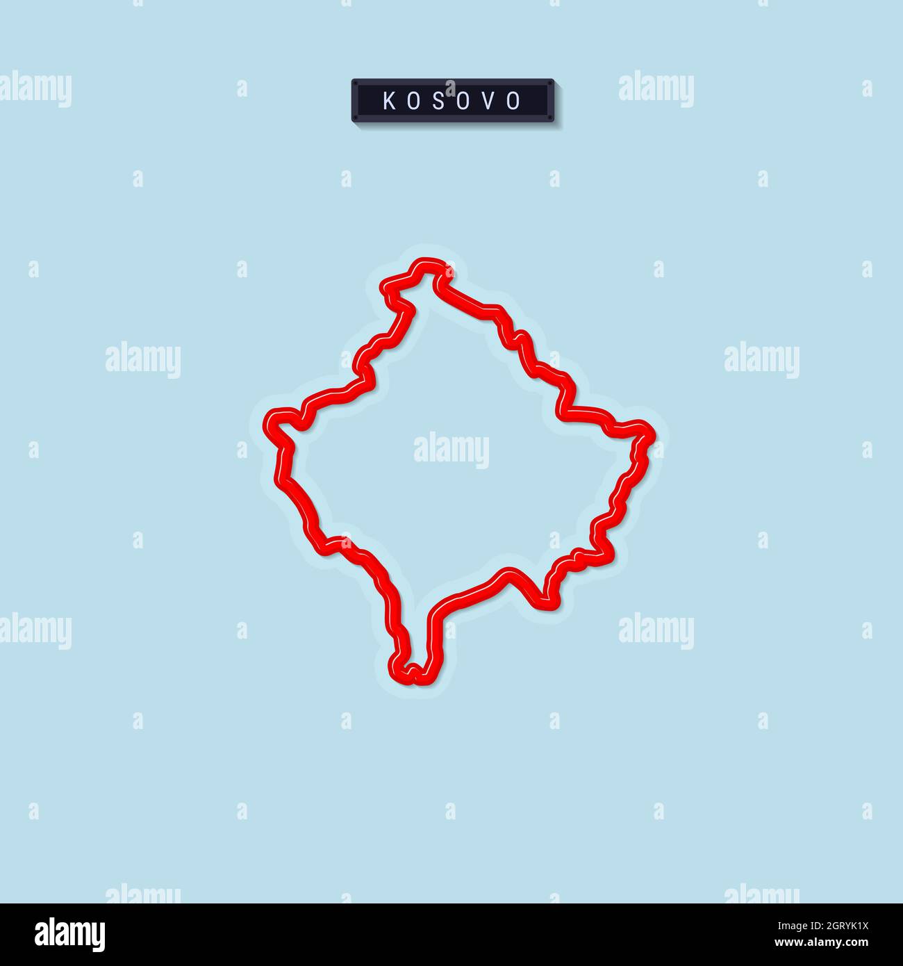 Mappa del Kosovo in grassetto. Bordo rosso lucido con ombra morbida. Targhetta del paese. Illustrazione. Foto Stock