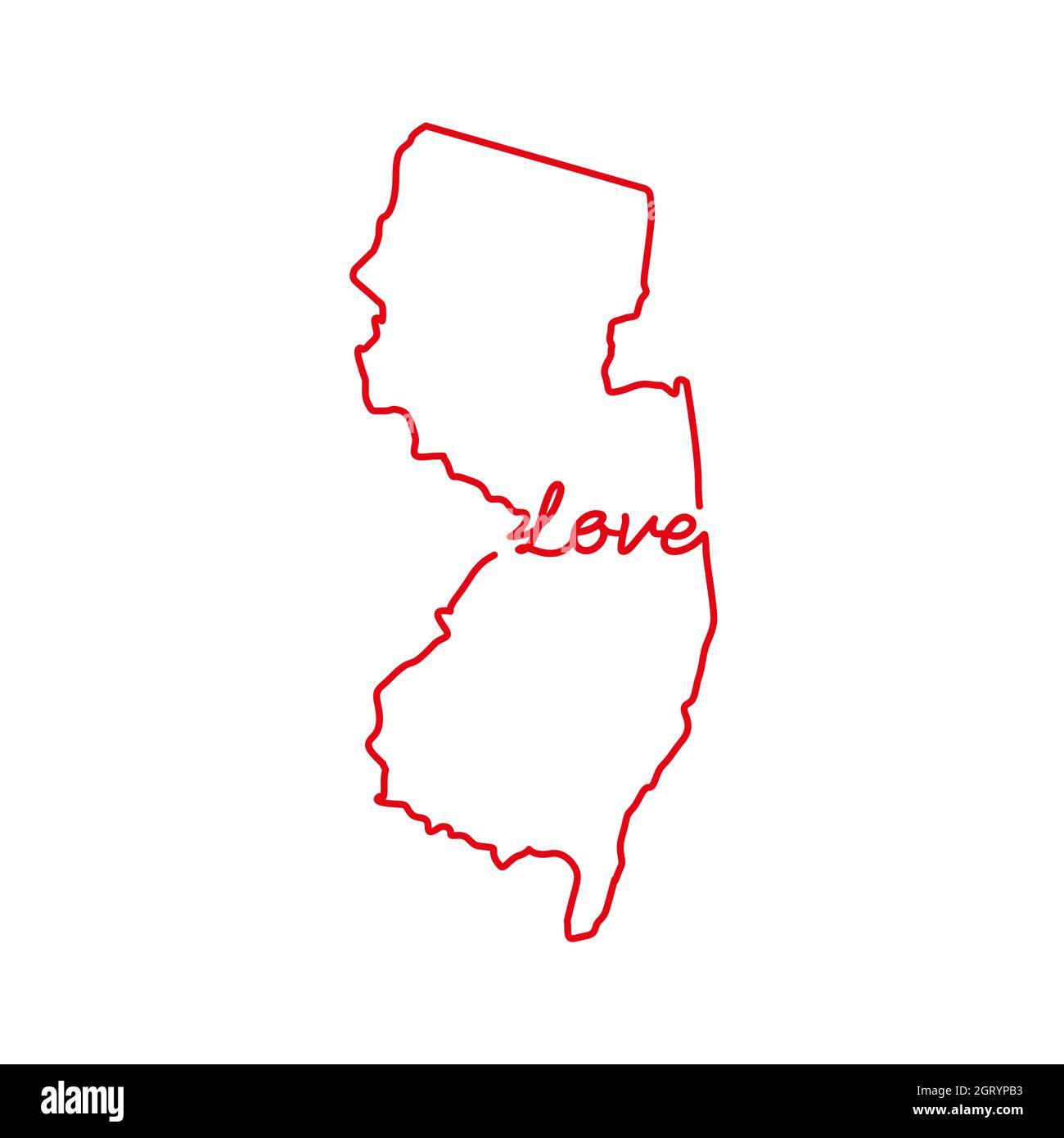 New Jersey Stati Uniti stato rosso mappa con LA parola d'AMORE manoscritta. Linea continua di segno di casa patriottica. Un amore per una piccola patria. Inter Foto Stock