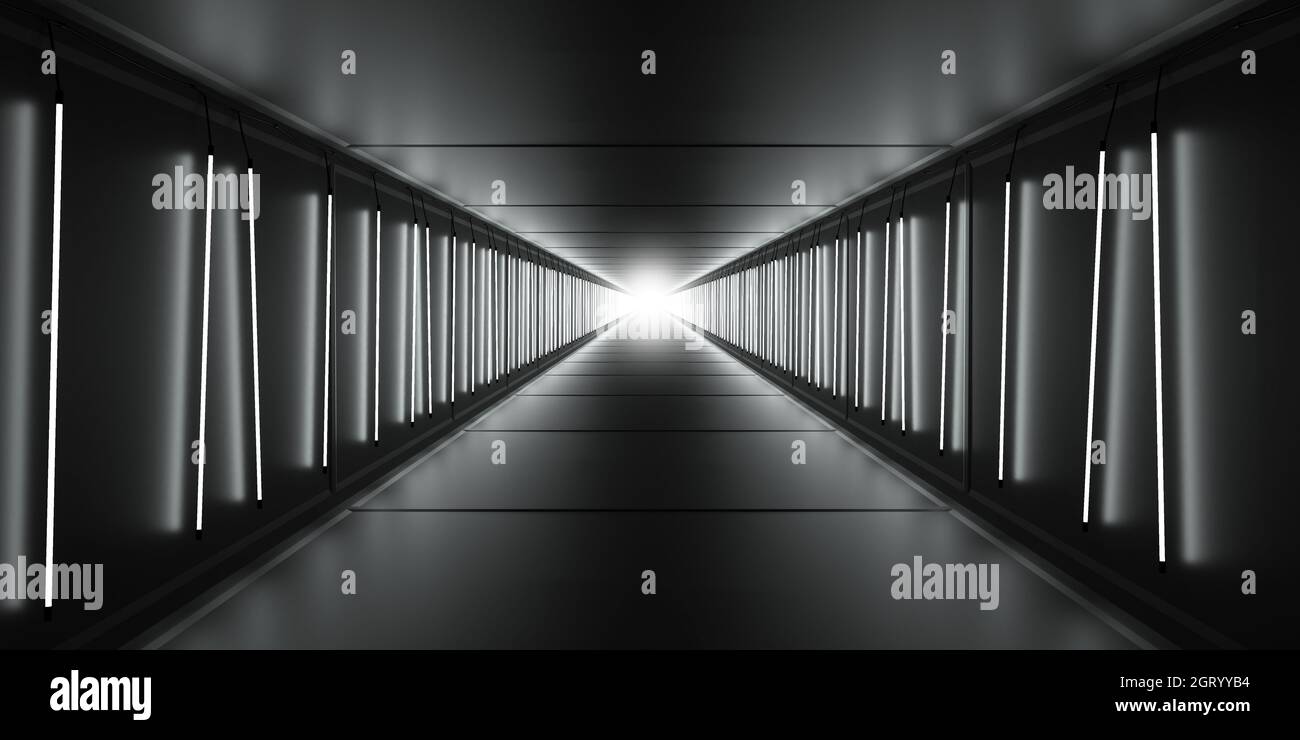 Luce brillante alla fine del lungo tunnel scuro con lampade a tubi sulle pareti. illustrazione 3d. Foto Stock