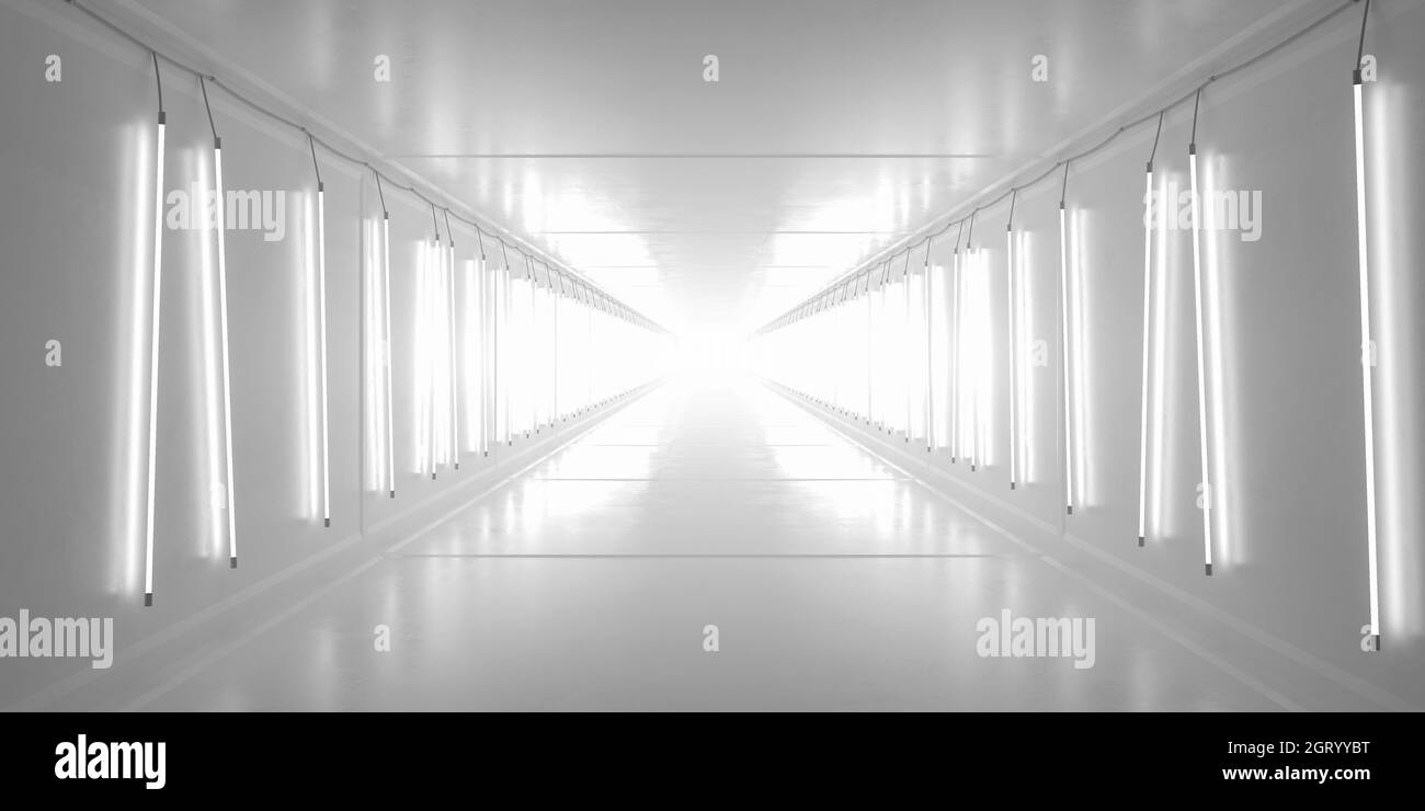 Tunnel bianco con tubi per lampade alle pareti. illustrazione 3d. Foto Stock