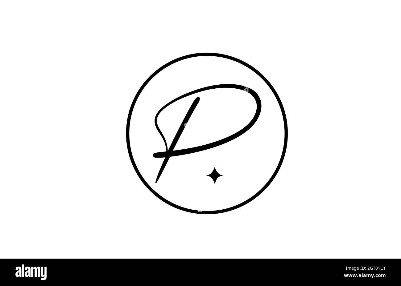P logo lettera alfabetica per aziende con stella e cerchio. Lettere semplici ed eleganti per l'azienda. Logo di identità aziendale icona di branding in bianco e nero Illustrazione Vettoriale