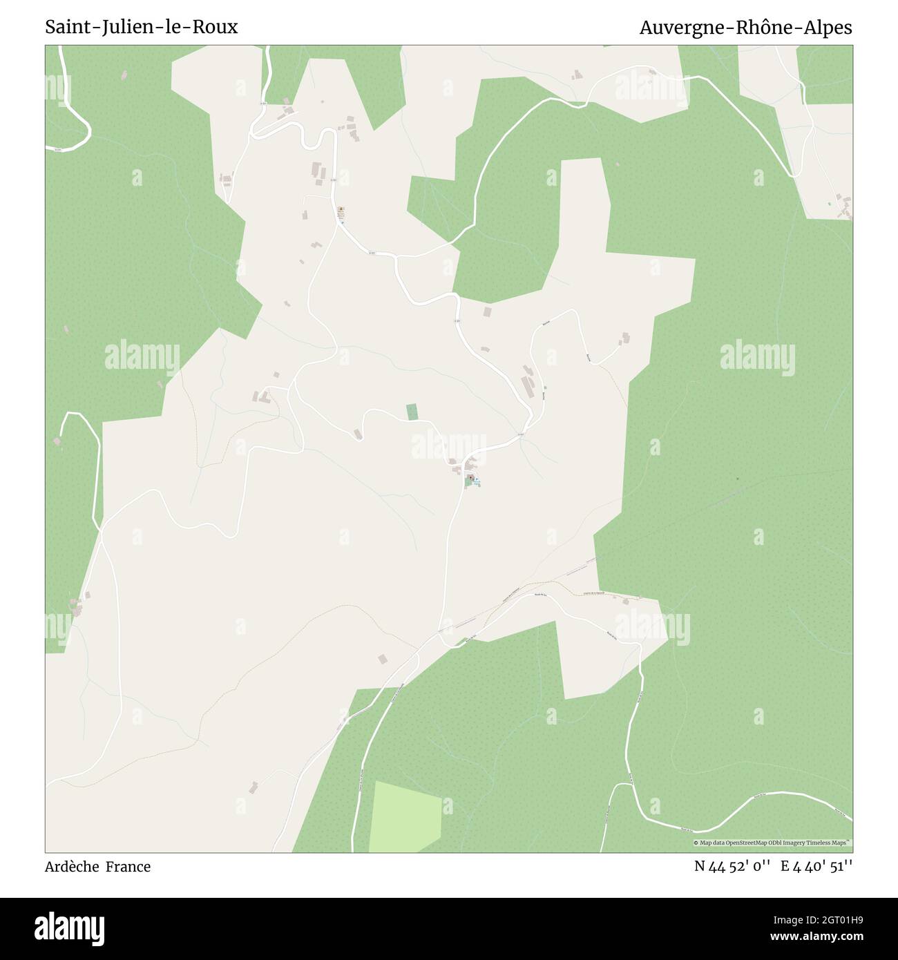 Saint-Julien-le-Roux, Ardèche, Francia, Auvergne-Rhône-Alpes, N 44 52' 0'', e 4 40' 51''', mappa, mappa senza tempo pubblicata nel 2021. Viaggiatori, esploratori e avventurieri come Florence Nightingale, David Livingstone, Ernest Shackleton, Lewis and Clark e Sherlock Holmes si sono affidati alle mappe per pianificare i viaggi verso gli angoli più remoti del mondo, Timeless Maps sta mappando la maggior parte delle località del mondo, mostrando il successo di grandi sogni Foto Stock