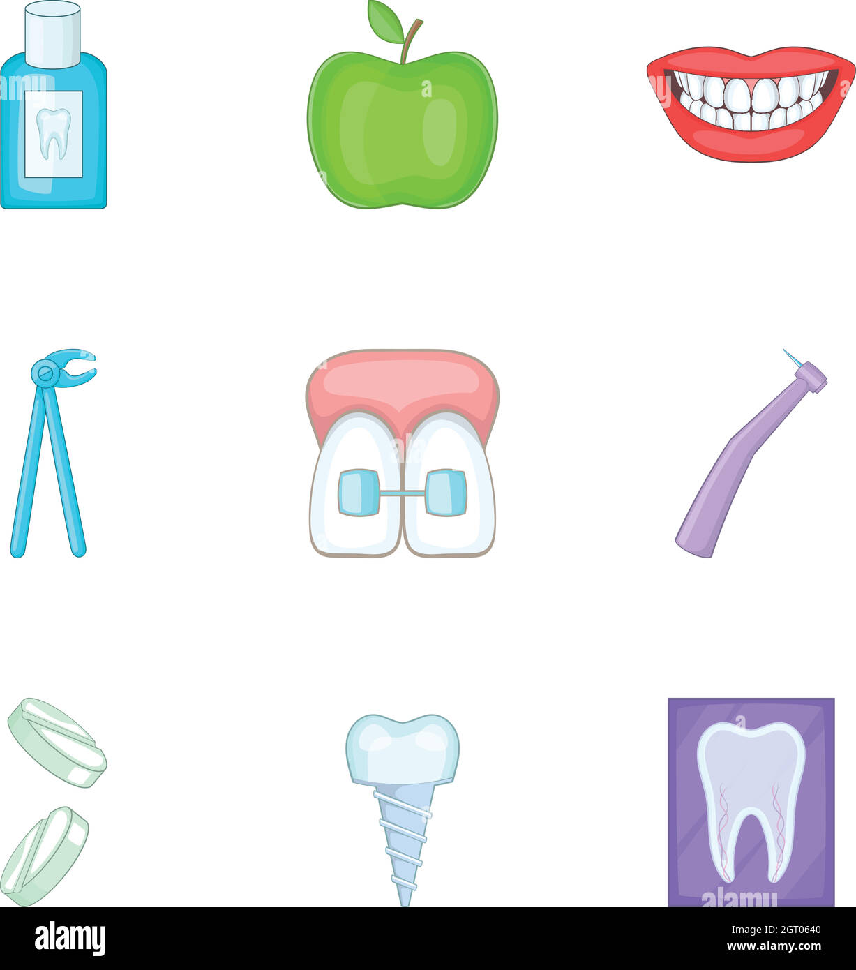 Set di icone medico dentaria, stile cartoon Illustrazione Vettoriale