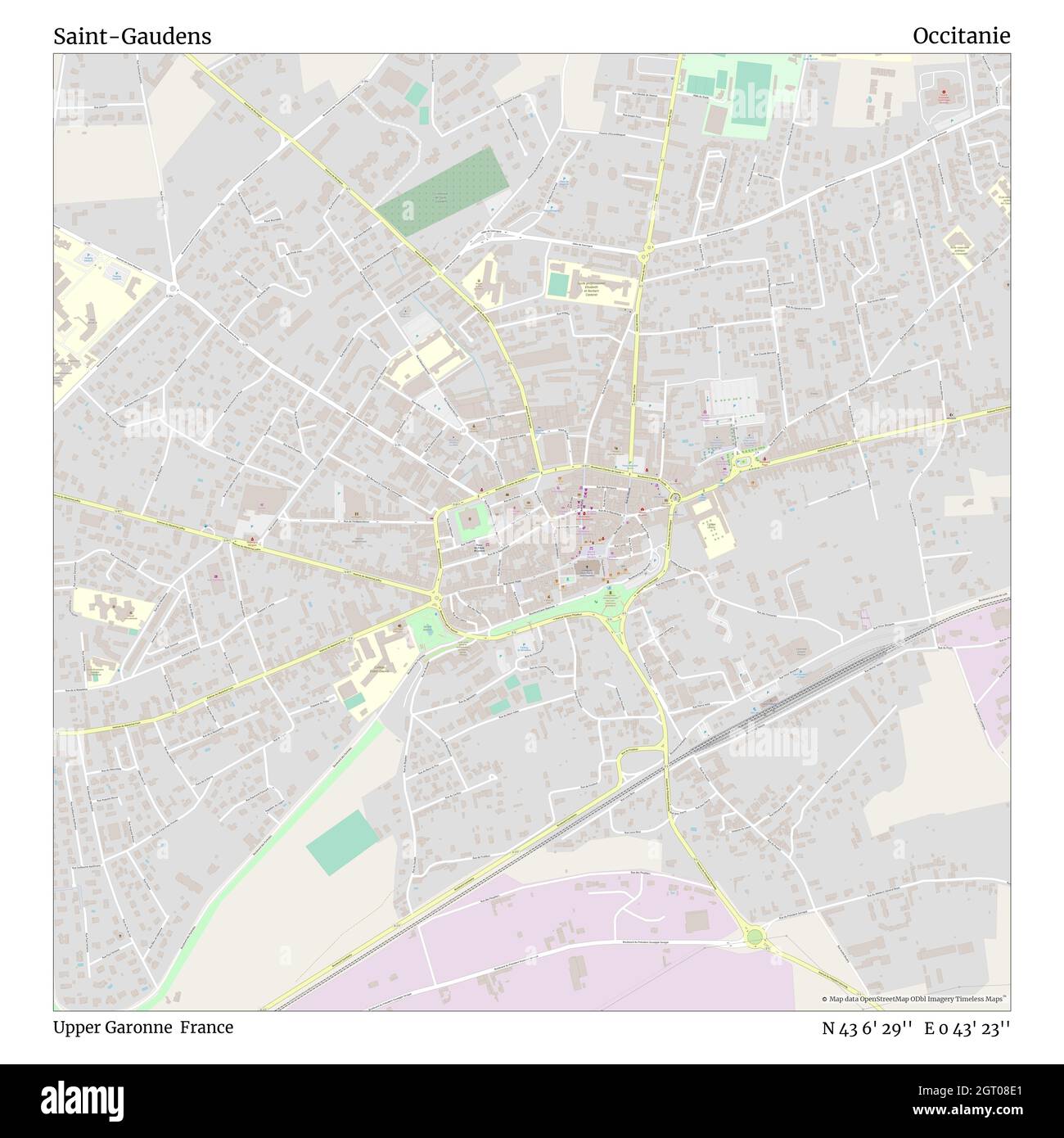 Saint-Gaudens, alta Garonna, Francia, Occitanie, N 43 6' 29'', e 0 43' 23''', mappa, mappa senza tempo pubblicata nel 2021. Viaggiatori, esploratori e avventurieri come Florence Nightingale, David Livingstone, Ernest Shackleton, Lewis and Clark e Sherlock Holmes si sono affidati alle mappe per pianificare i viaggi verso gli angoli più remoti del mondo, Timeless Maps sta mappando la maggior parte delle località del mondo, mostrando il successo di grandi sogni Foto Stock