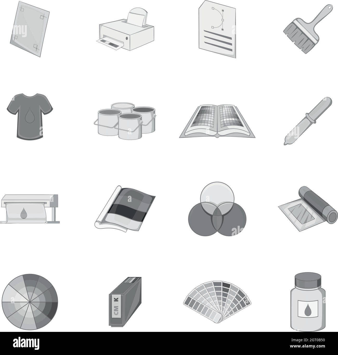 Set icone processo di stampa, stile monocromatico Illustrazione Vettoriale