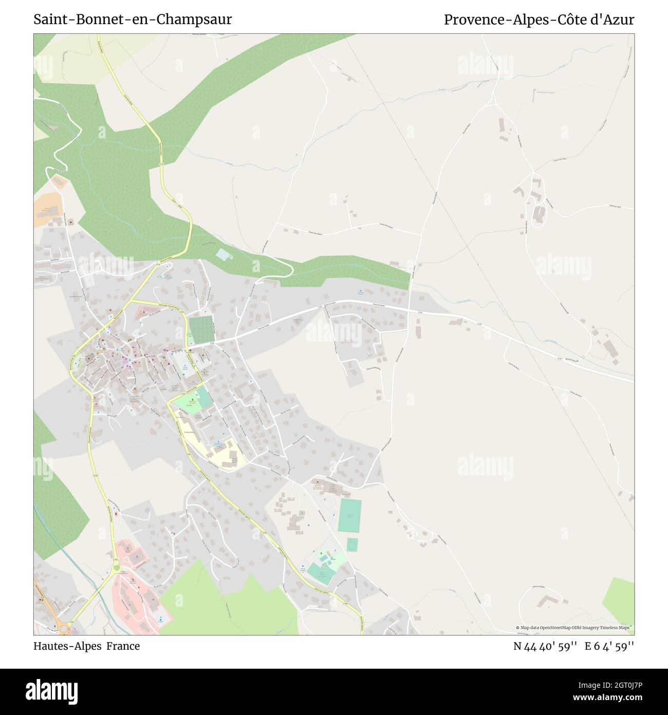 Saint-Bonnet-en-Champsaur, Hautes-Alpes, Francia, Provence-Alpes-Côte d'Azur, N 44 40' 59'', e 6 4' 59''', mappa, mappa senza tempo pubblicata nel 2021. Viaggiatori, esploratori e avventurieri come Florence Nightingale, David Livingstone, Ernest Shackleton, Lewis and Clark e Sherlock Holmes si sono affidati alle mappe per pianificare i viaggi verso gli angoli più remoti del mondo, Timeless Maps sta mappando la maggior parte delle località del mondo, mostrando il successo di grandi sogni Foto Stock