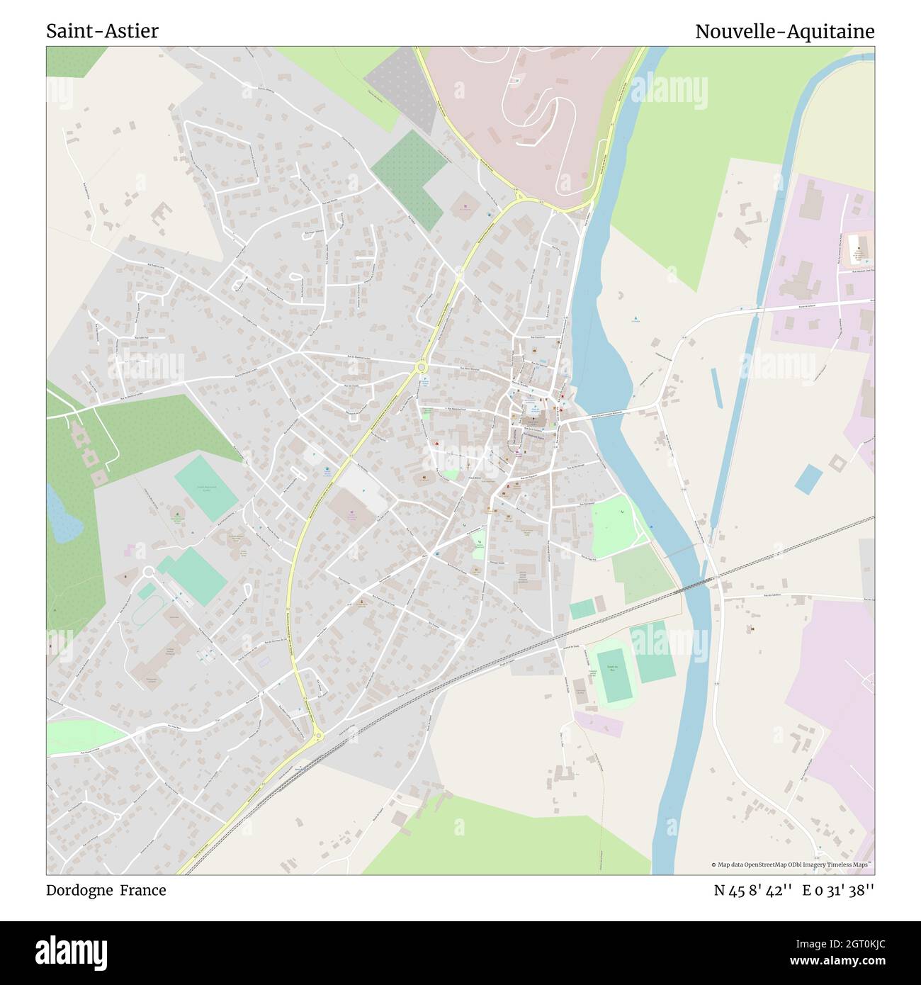 Saint-Astier, Dordogne, Francia, Nouvelle-Aquitaine, N 45 8' 42''', e 0 31' 38''', mappa, mappa senza tempo pubblicata nel 2021. Viaggiatori, esploratori e avventurieri come Florence Nightingale, David Livingstone, Ernest Shackleton, Lewis and Clark e Sherlock Holmes si sono affidati alle mappe per pianificare i viaggi verso gli angoli più remoti del mondo, Timeless Maps sta mappando la maggior parte delle località del mondo, mostrando il successo di grandi sogni Foto Stock