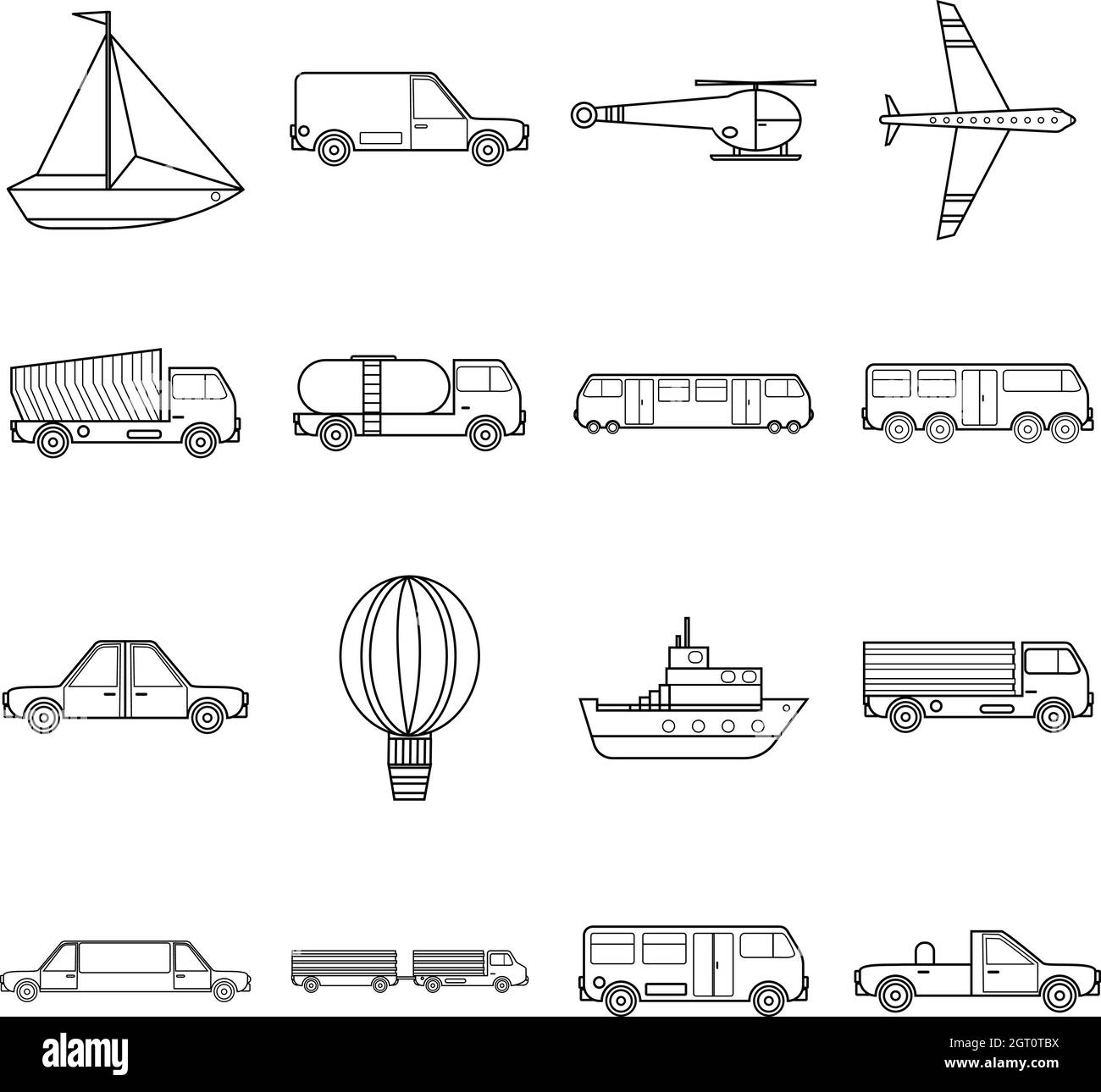 Icone degli articoli di trasporto impostate, stile del contorno Illustrazione Vettoriale