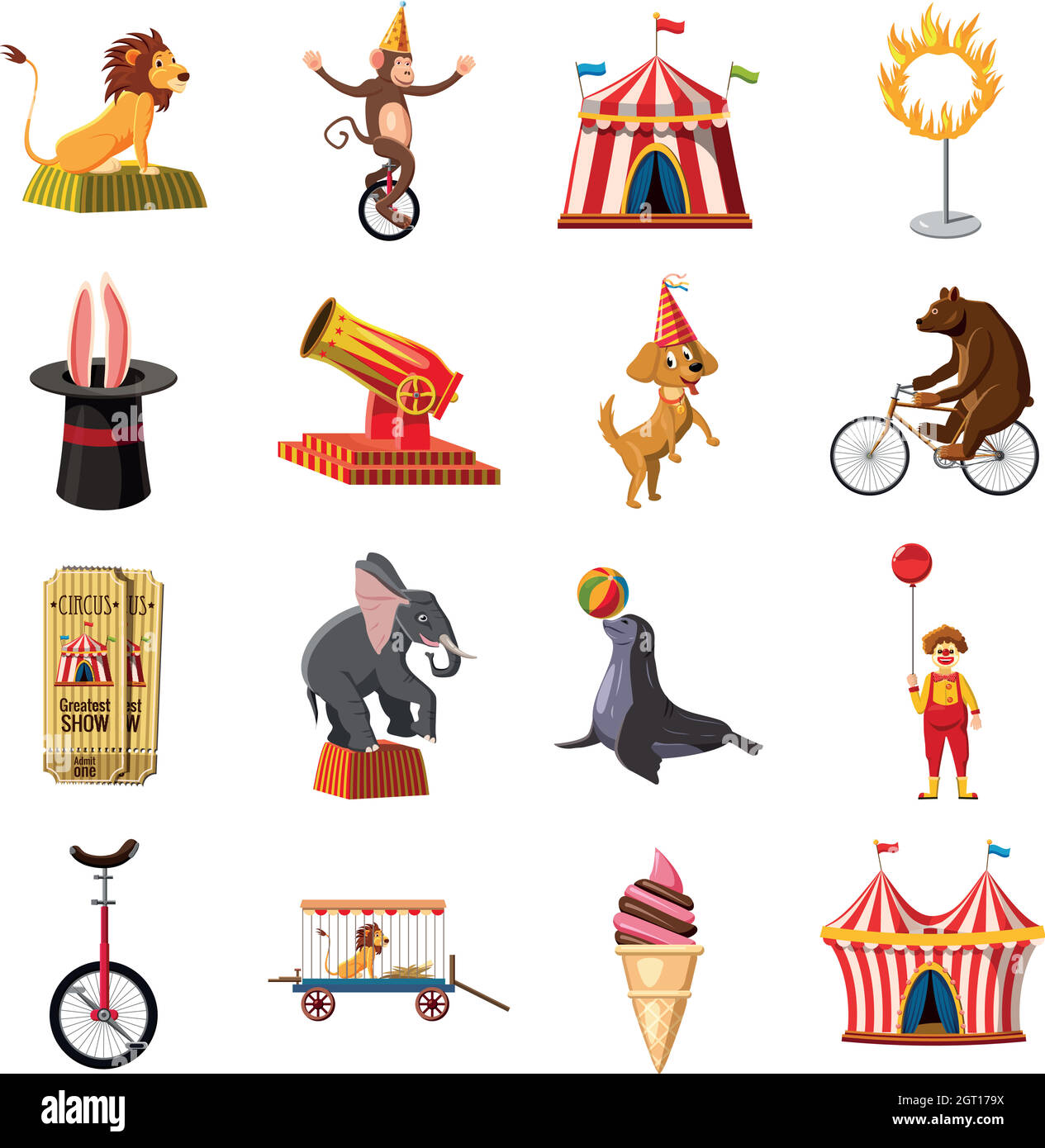 Circus simboli set di icone, stile cartoon Illustrazione Vettoriale