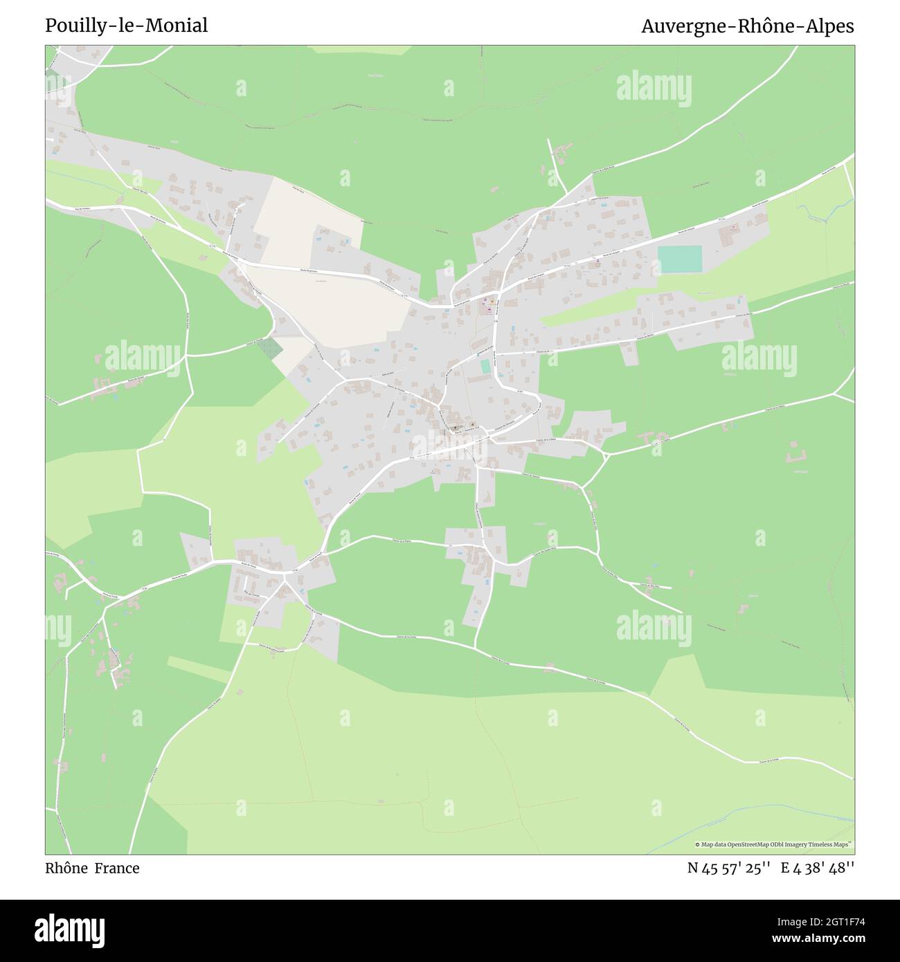 Pouilly-le-Monial, Rhône, Francia, Auvergne-Rhône-Alpes, N 45 57' 25''', e 4 38' 48''', mappa, mappa senza tempo pubblicata nel 2021. Viaggiatori, esploratori e avventurieri come Florence Nightingale, David Livingstone, Ernest Shackleton, Lewis and Clark e Sherlock Holmes si sono affidati alle mappe per pianificare i viaggi verso gli angoli più remoti del mondo, Timeless Maps sta mappando la maggior parte delle località del mondo, mostrando il successo di grandi sogni Foto Stock