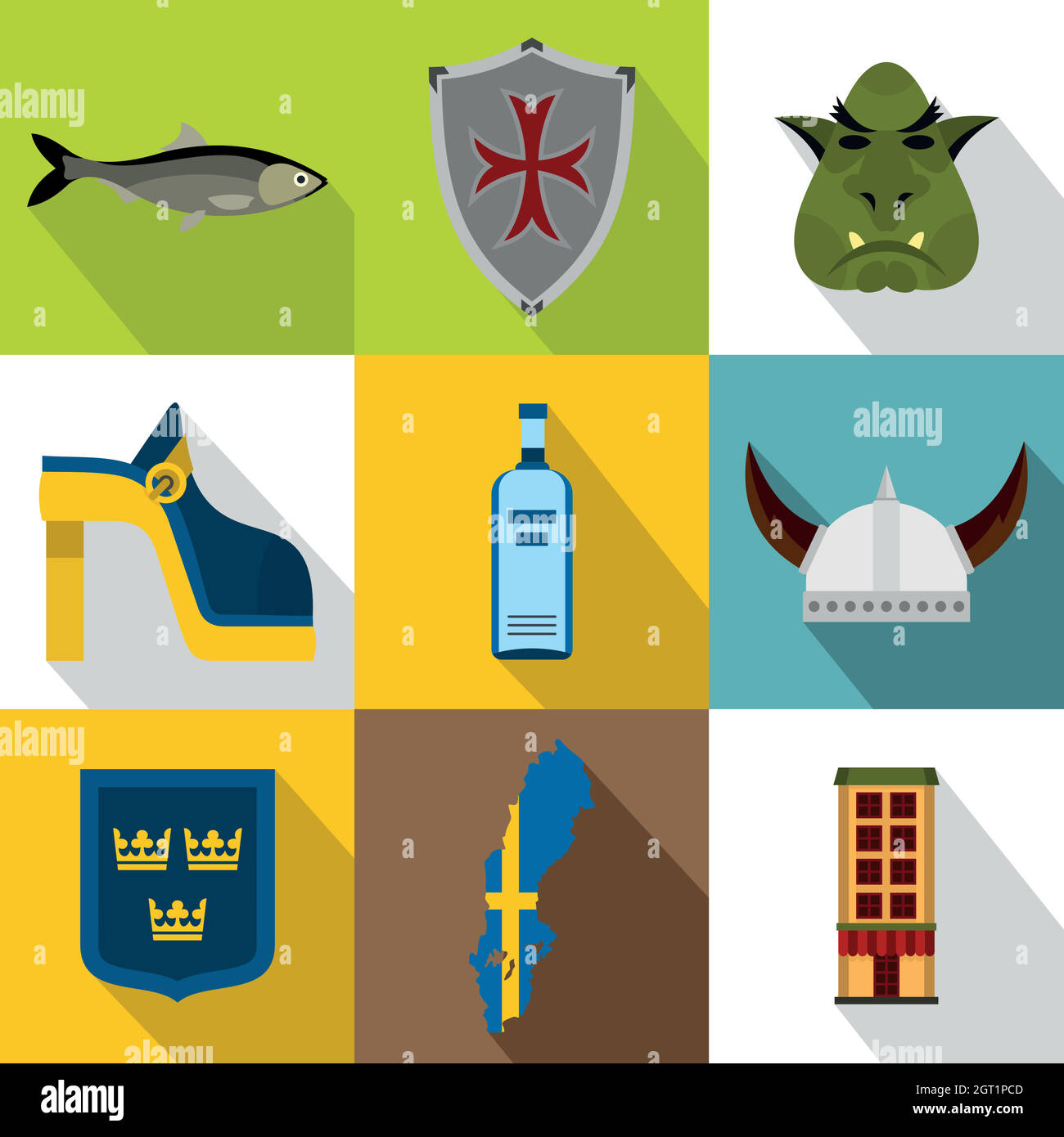 Country of Vikings icone set, stile piatto Illustrazione Vettoriale